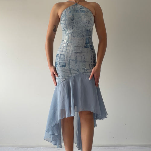 Sequin Halter Ruffle Dress | XS