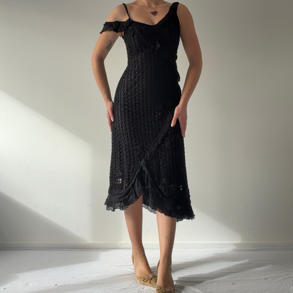 Crochet Ruffle Midi Dress | S