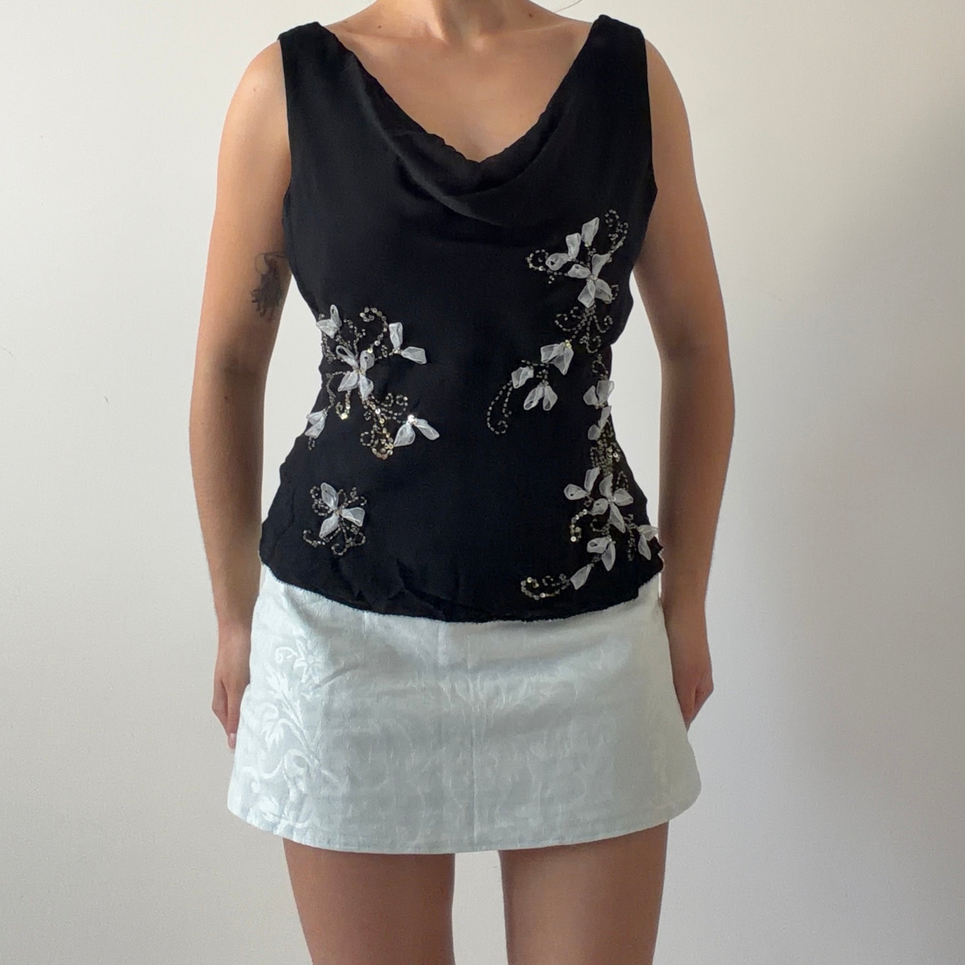 ECI Silk Beaded Cowl Top | M