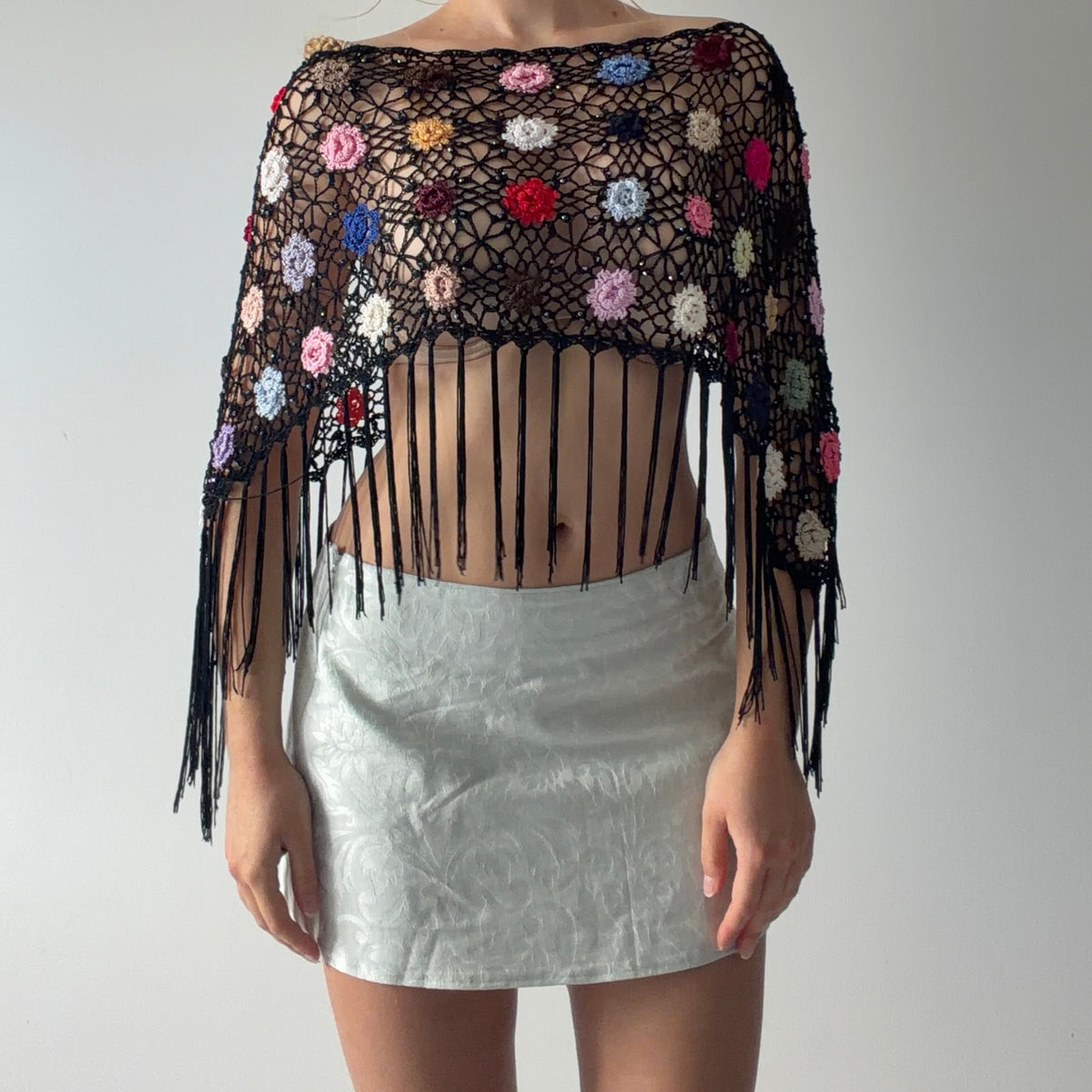 Beaded Crochet Poncho Top | OS