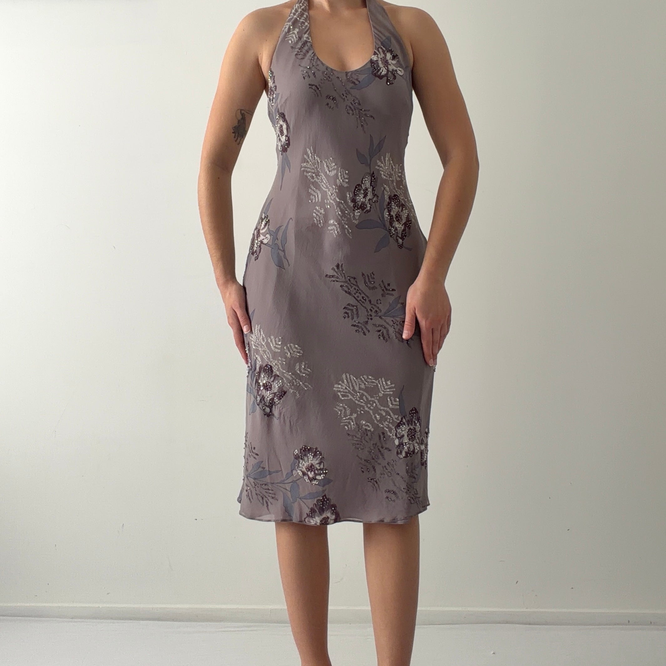 Papēll Boutique Silk Beaded Halter Dress | S