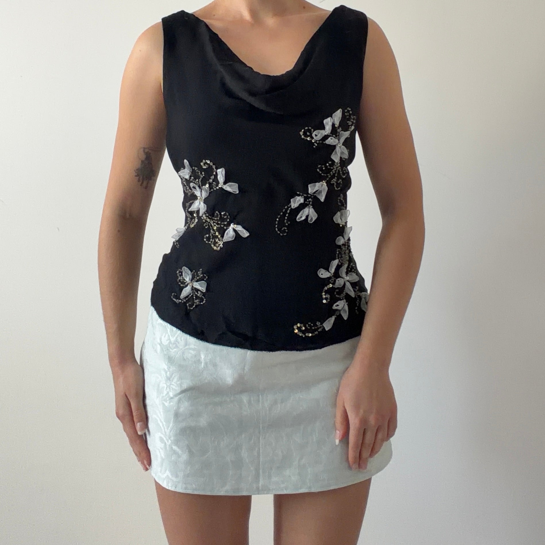 ECI Silk Beaded Cowl Top | M