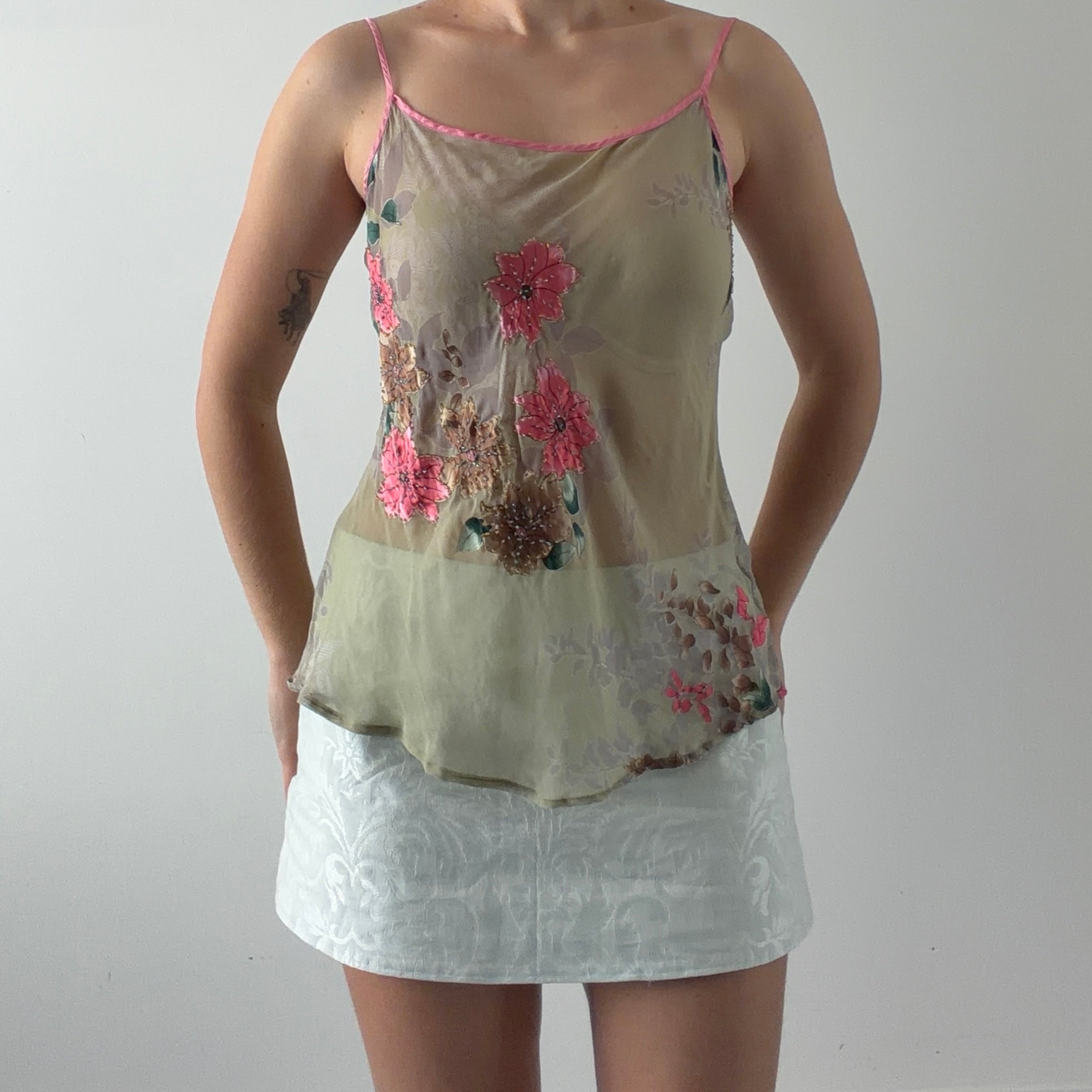 Deane White Silk Beaded Cami | L