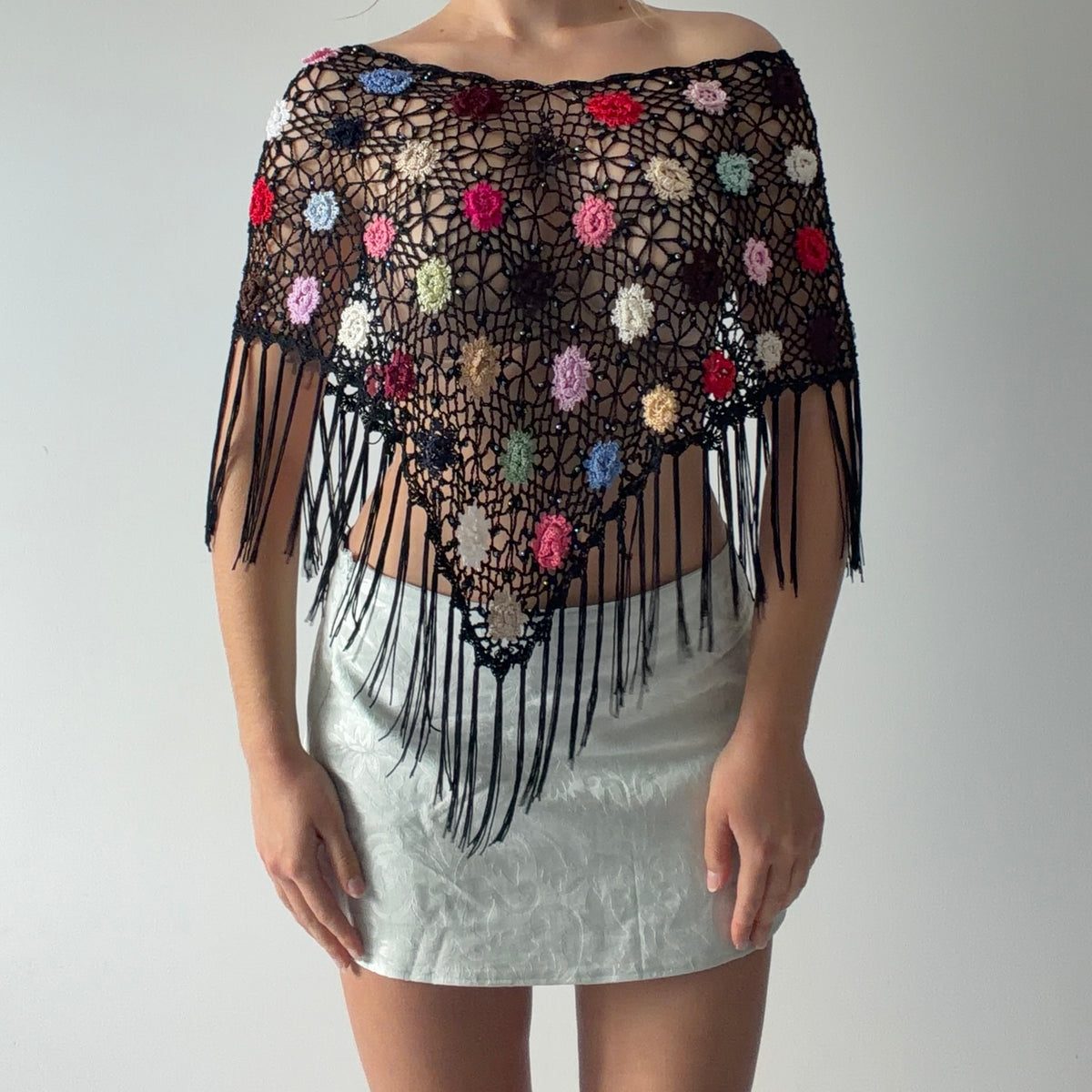Beaded Crochet Poncho Top | OS