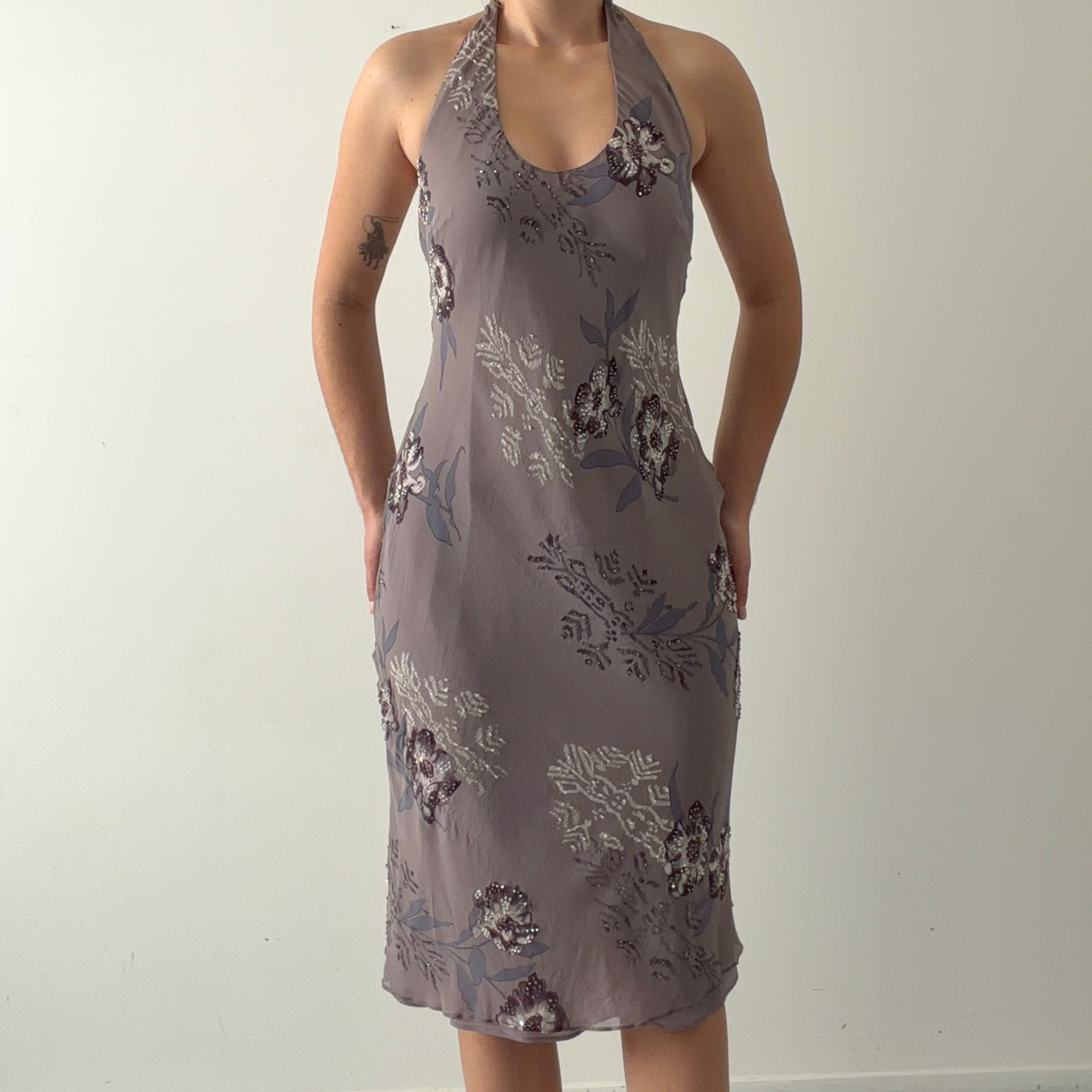 Papēll Boutique Silk Beaded Halter Dress | S