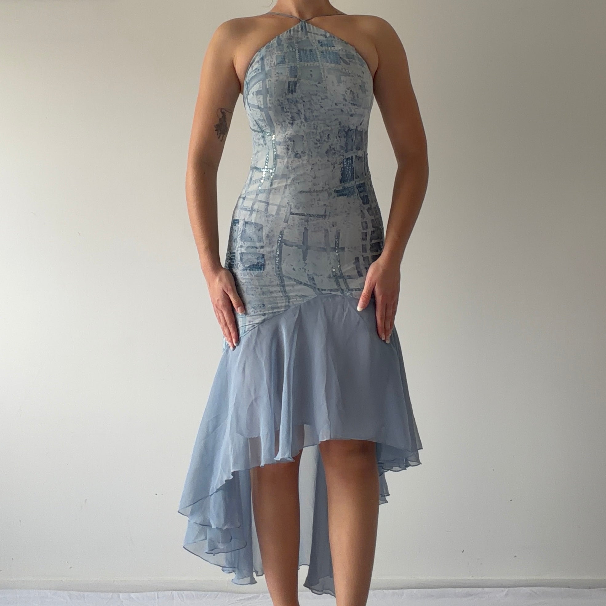 Sequin Halter Ruffle Dress | XS