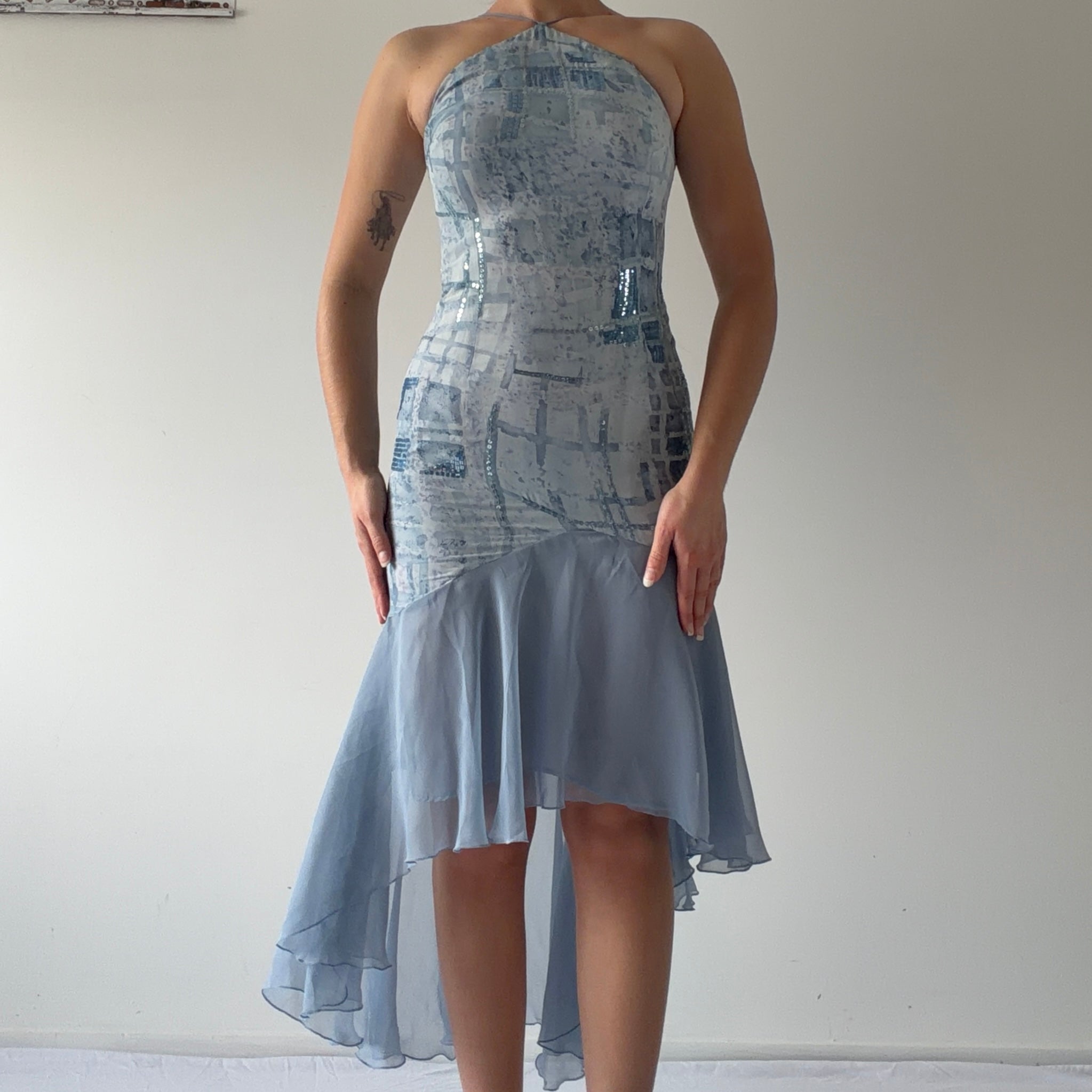 Sequin Halter Ruffle Dress | XS