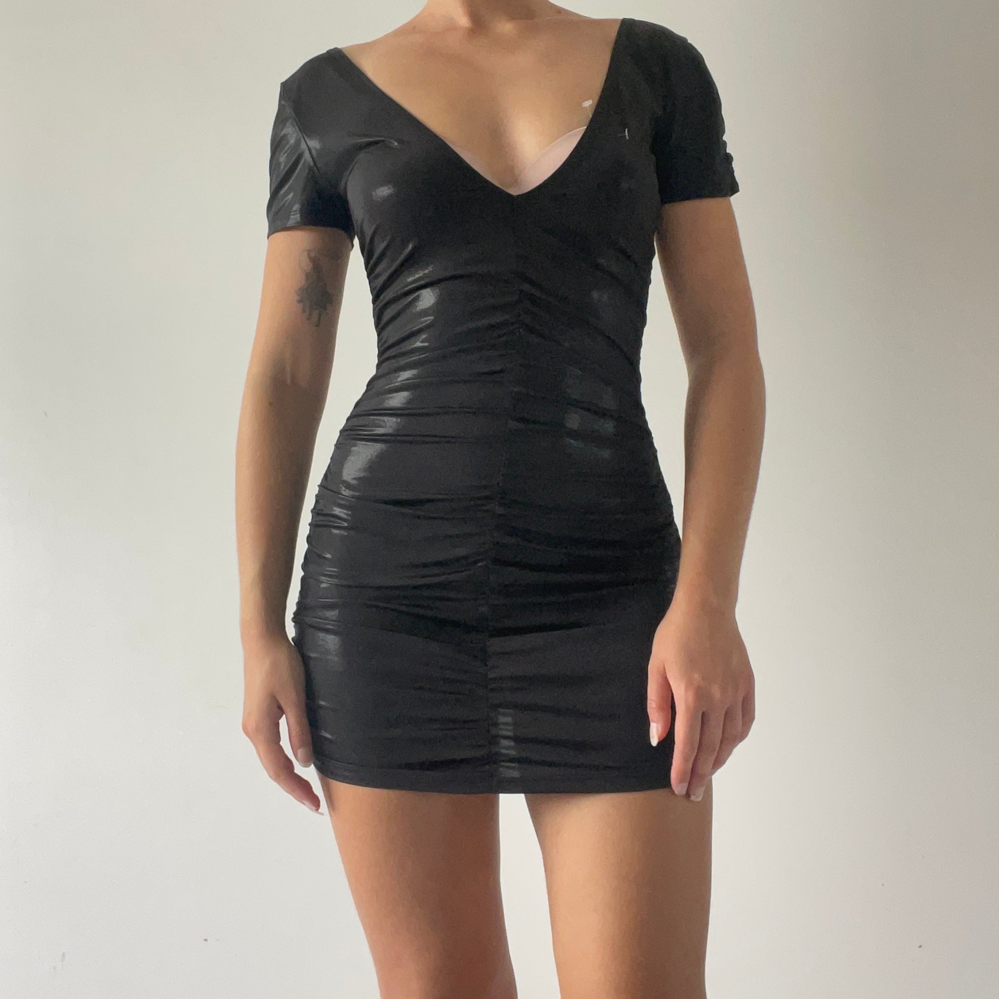 Wet Look Ruched Mini Dress | 6-8
