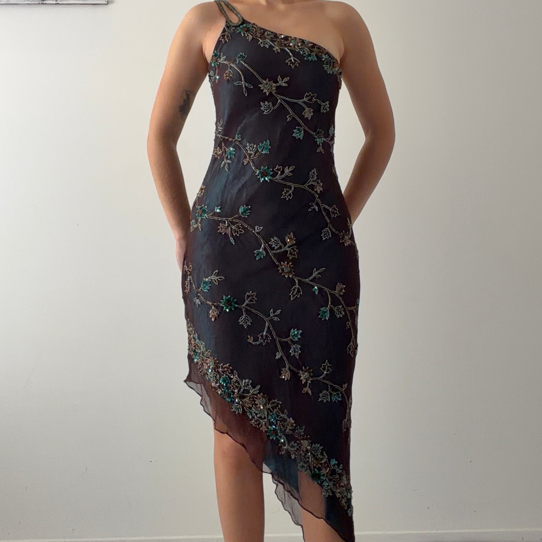 Rare Scala Silk Beaded Asymmetric Midi Dress | XS