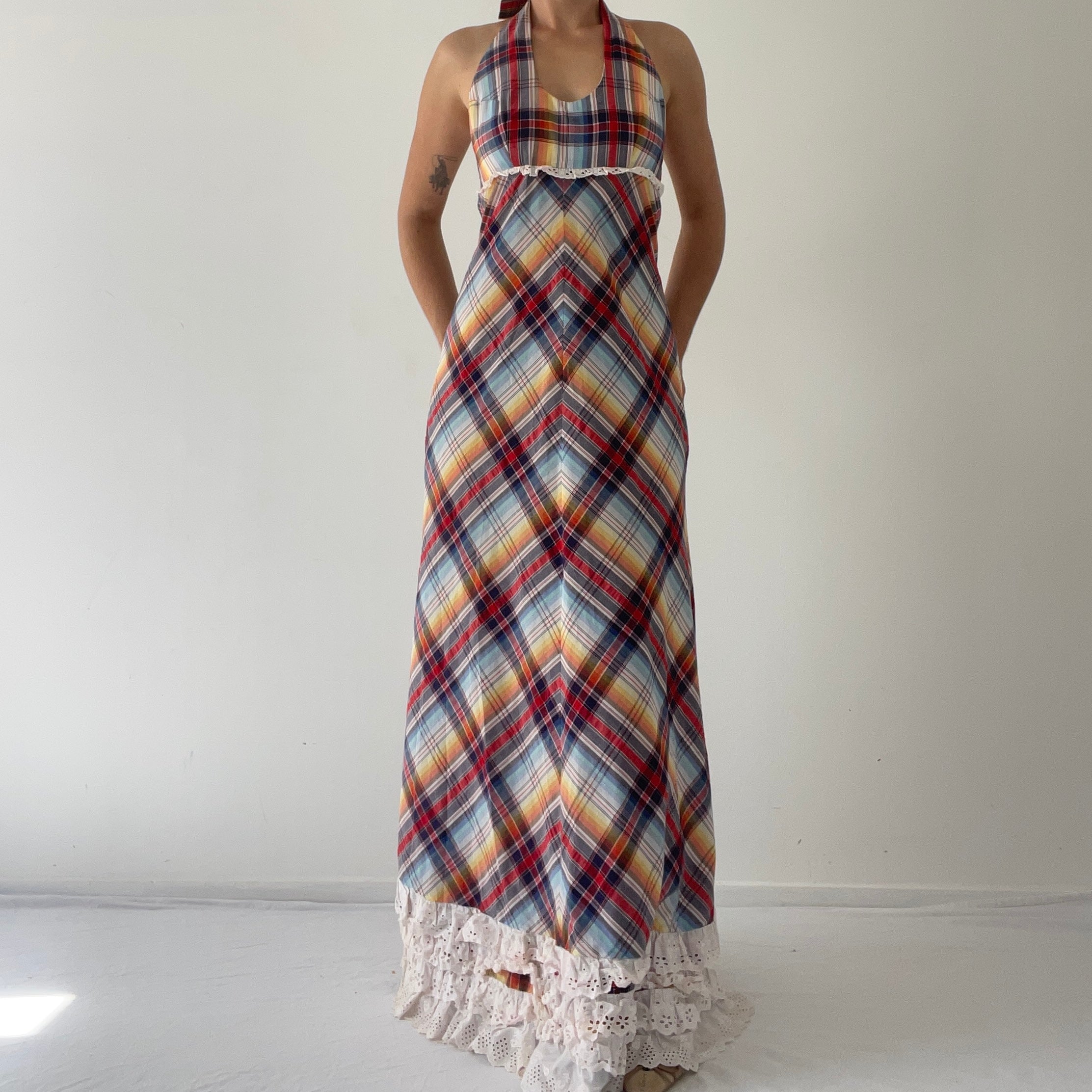 70s Plaid Ruffle Halter Dress | S