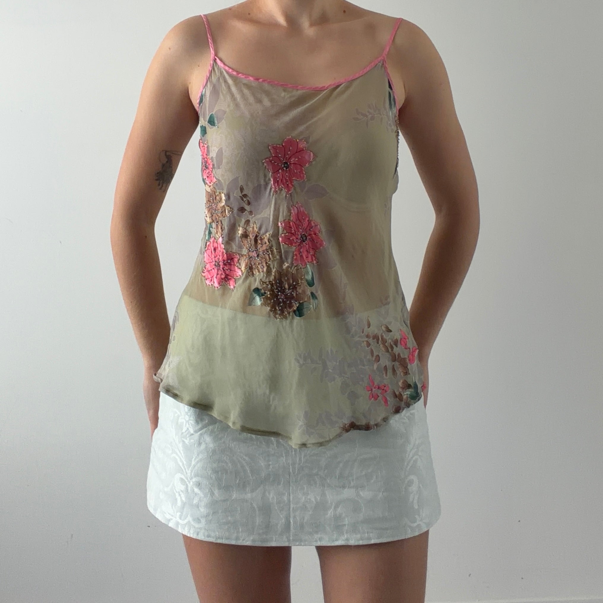 Deane White Silk Beaded Cami | L