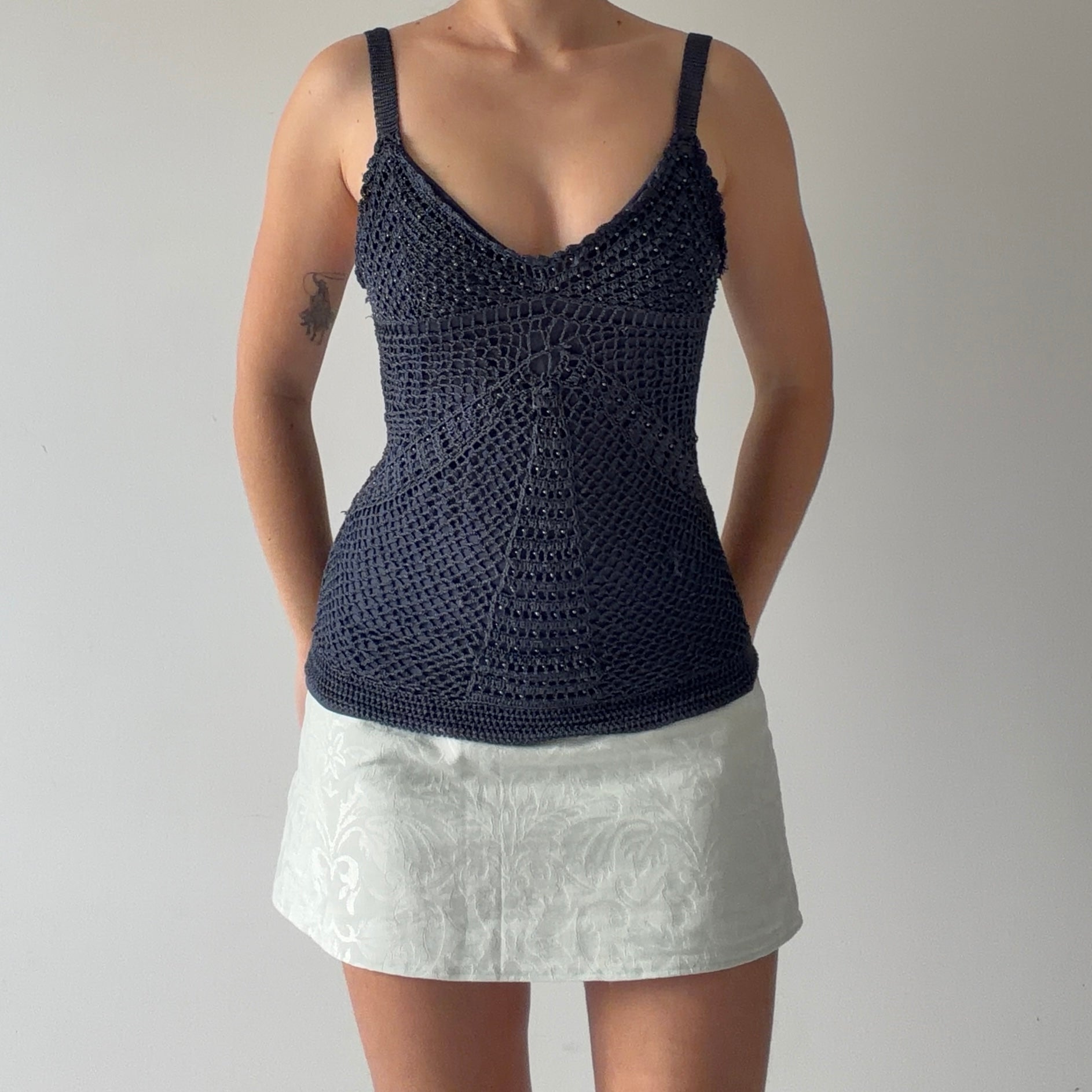 Tape Measure Beaded Crochet Top | M