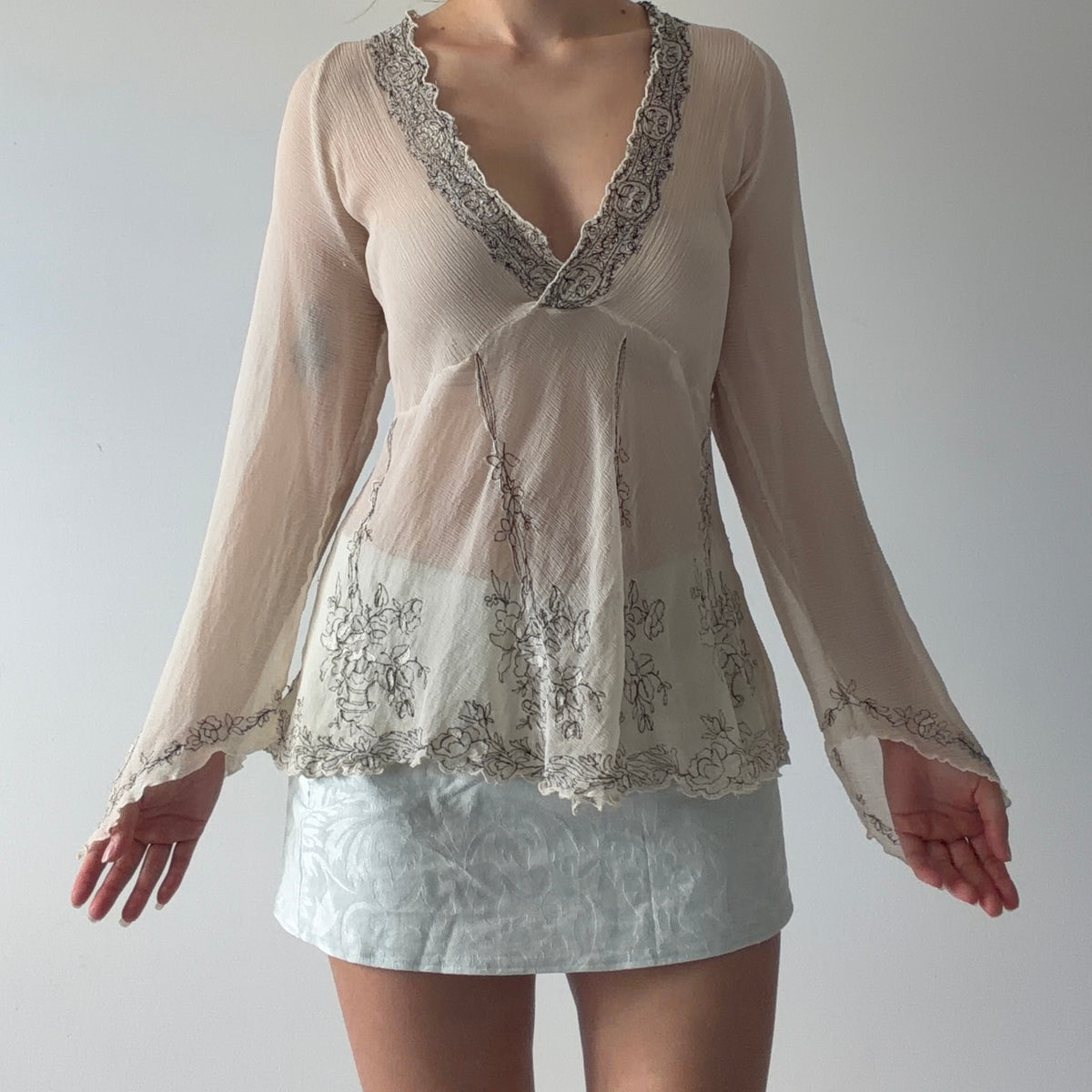 Johnny Was Silk Bell Sleeve Embroidered Top | L