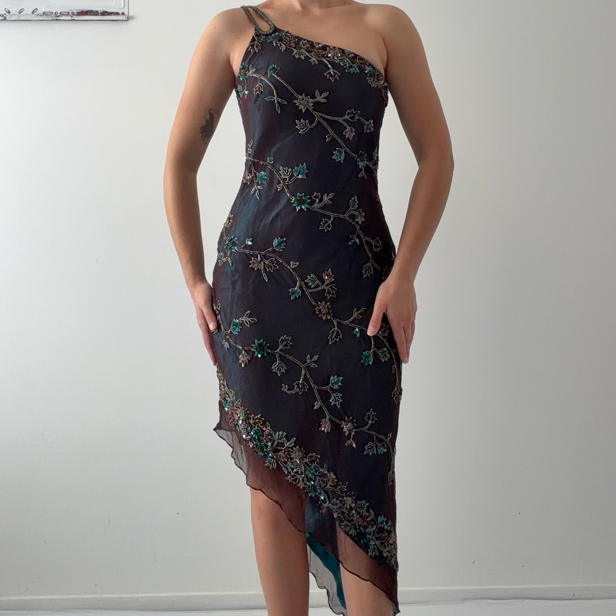 Rare Scala Silk Beaded Asymmetric Midi Dress | XS