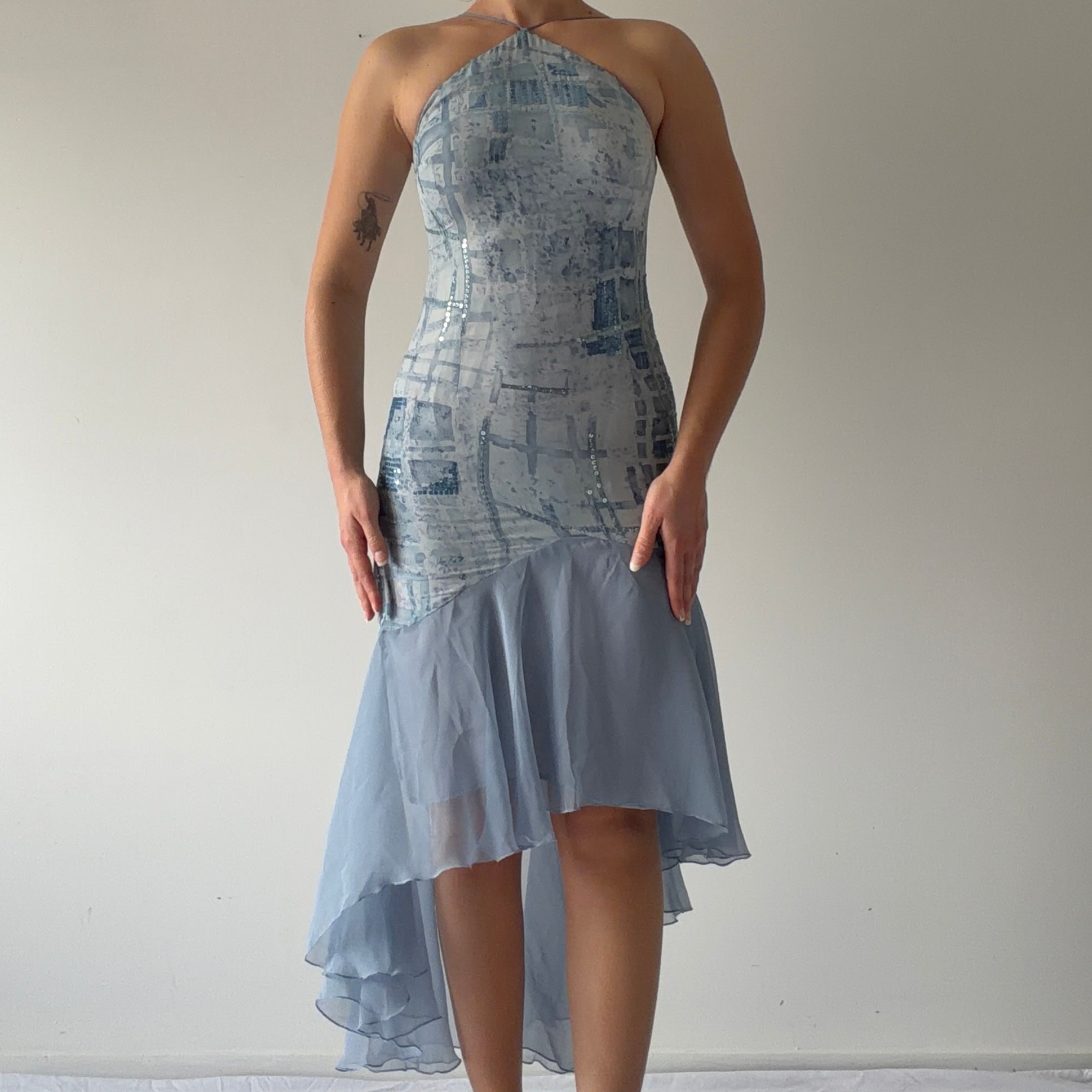 Sequin Halter Ruffle Dress | XS
