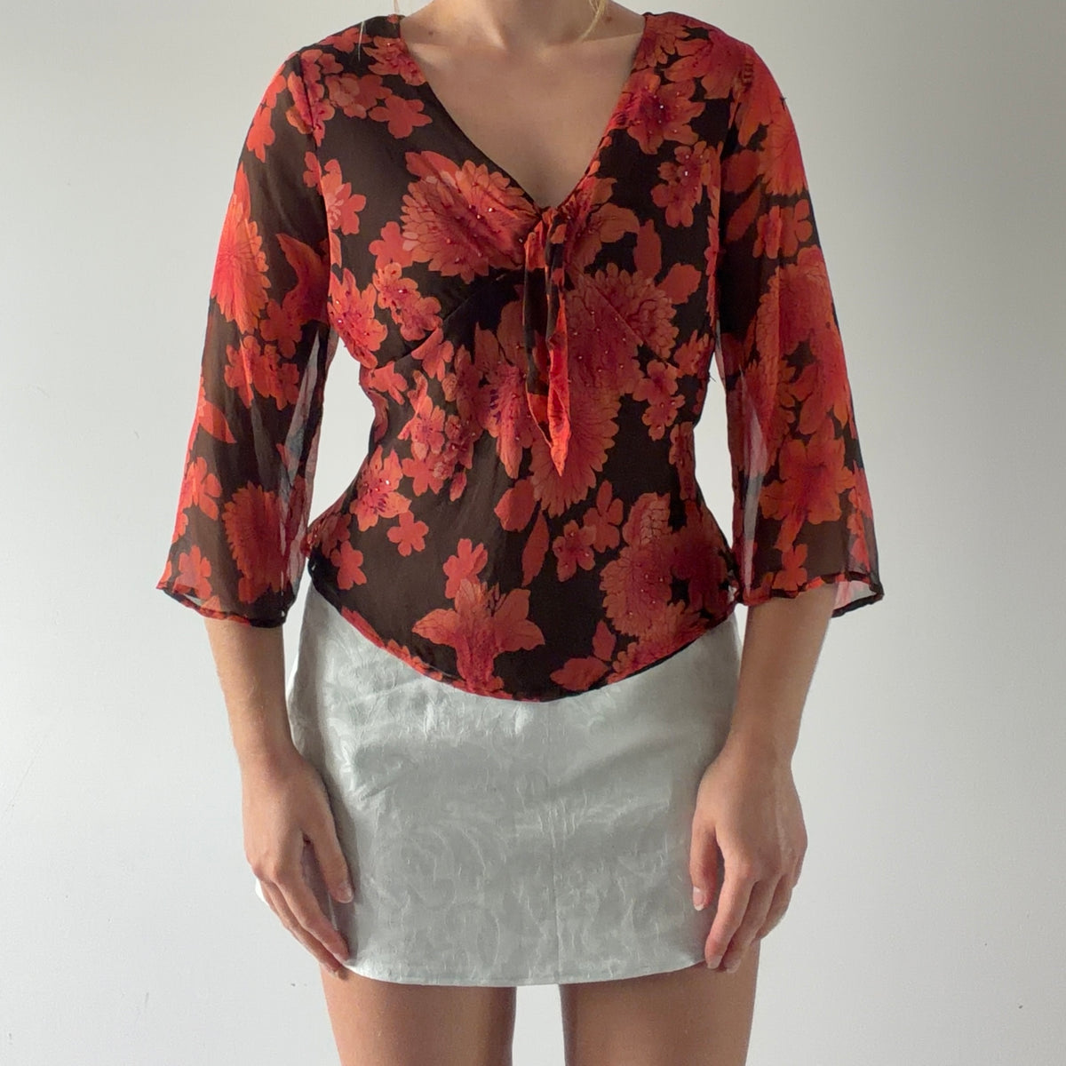 New York City Design Silk Beaded Top | M