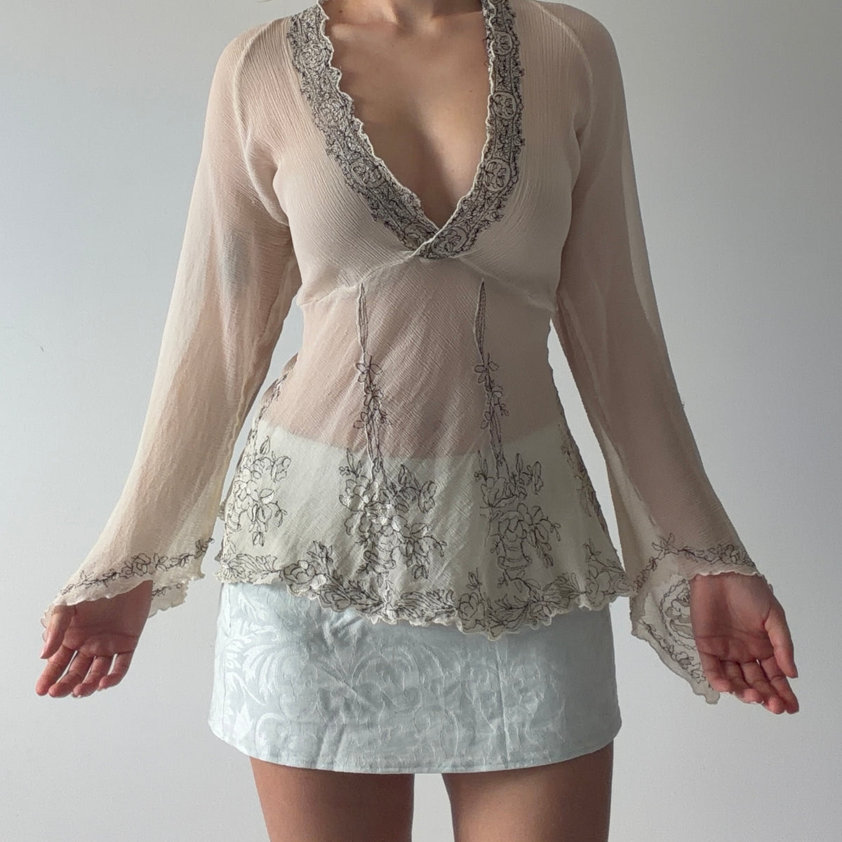 Johnny Was Silk Bell Sleeve Embroidered Top | L