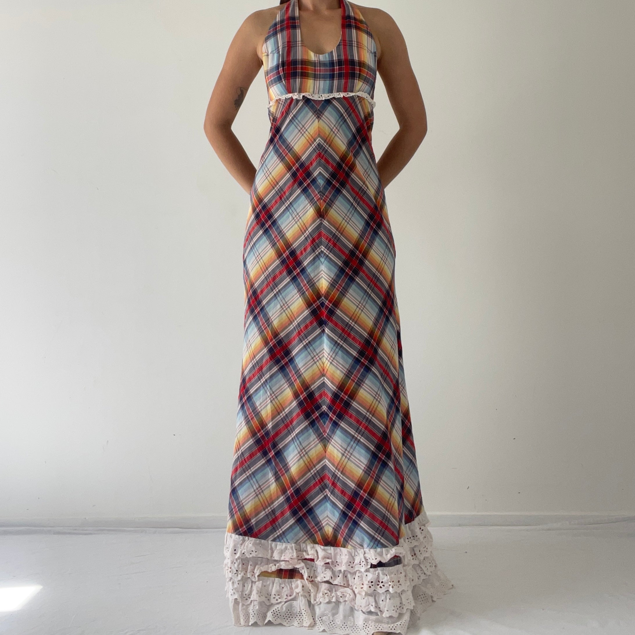 70s Plaid Ruffle Halter Dress | S