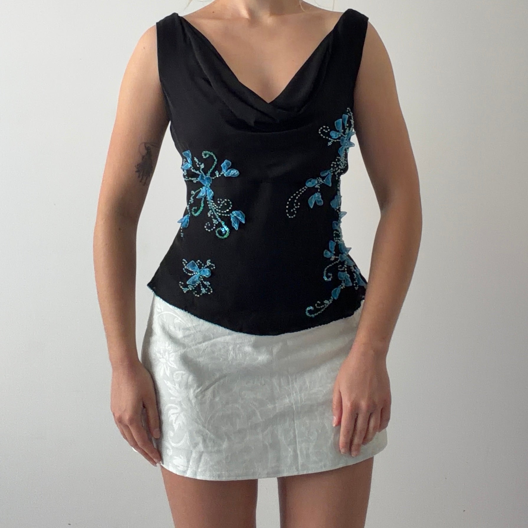 ECI Silk Beaded Cowl Top | L