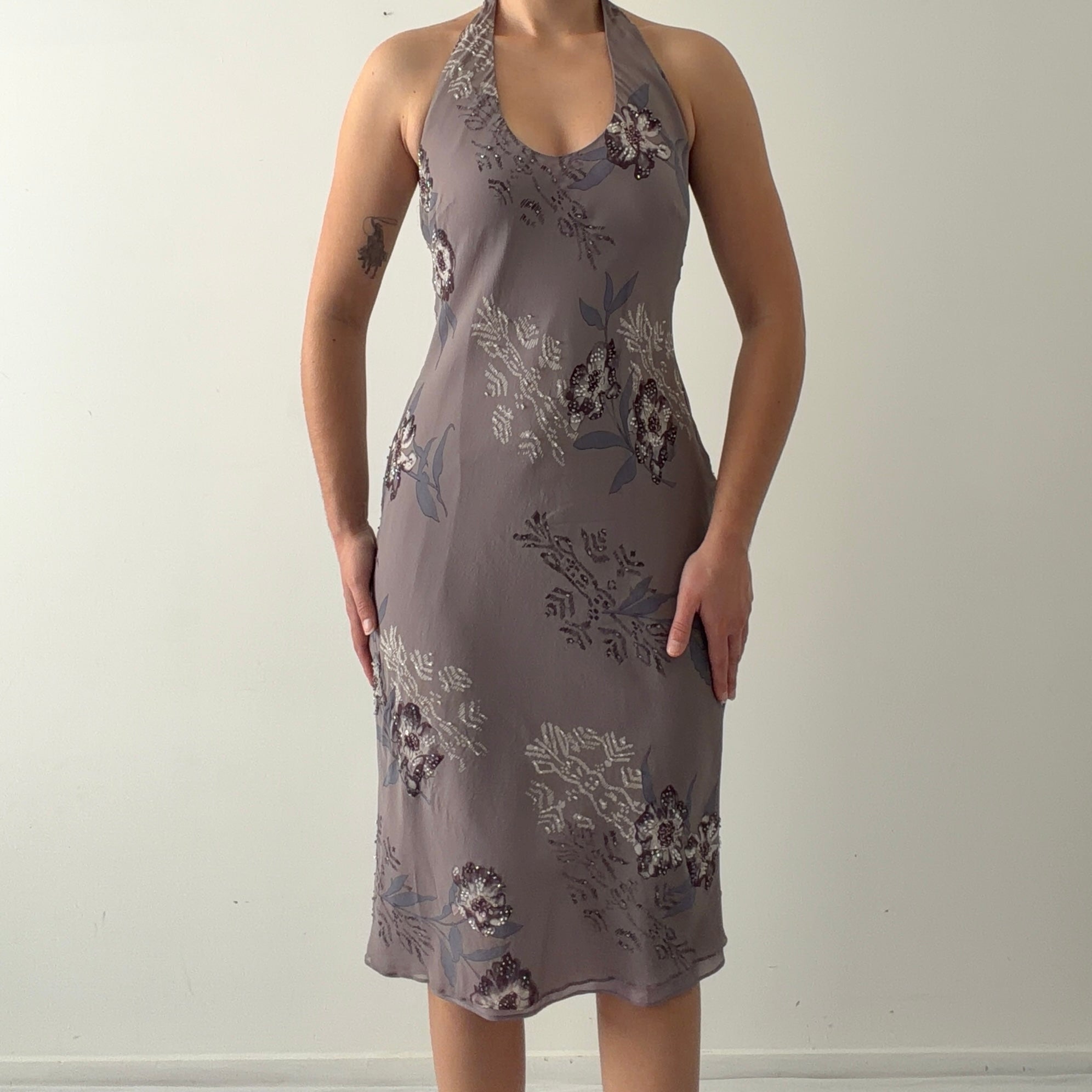 Papēll Boutique Silk Beaded Halter Dress | S