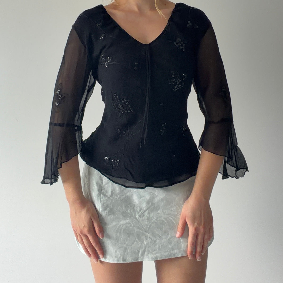 Silk Land Beaded Bell 3/4 Sleeve Top | M-L