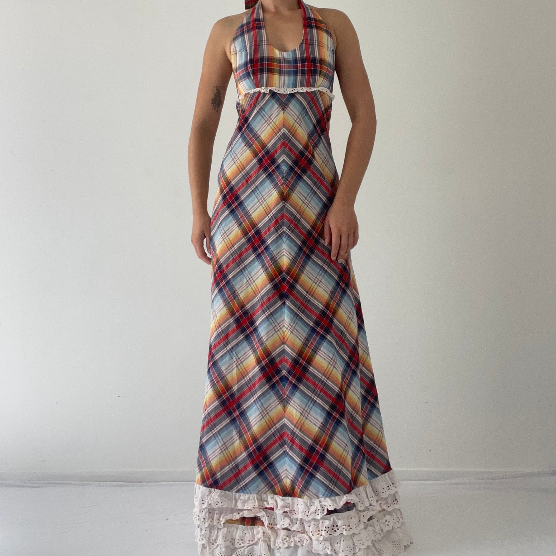70s Plaid Ruffle Halter Dress | S