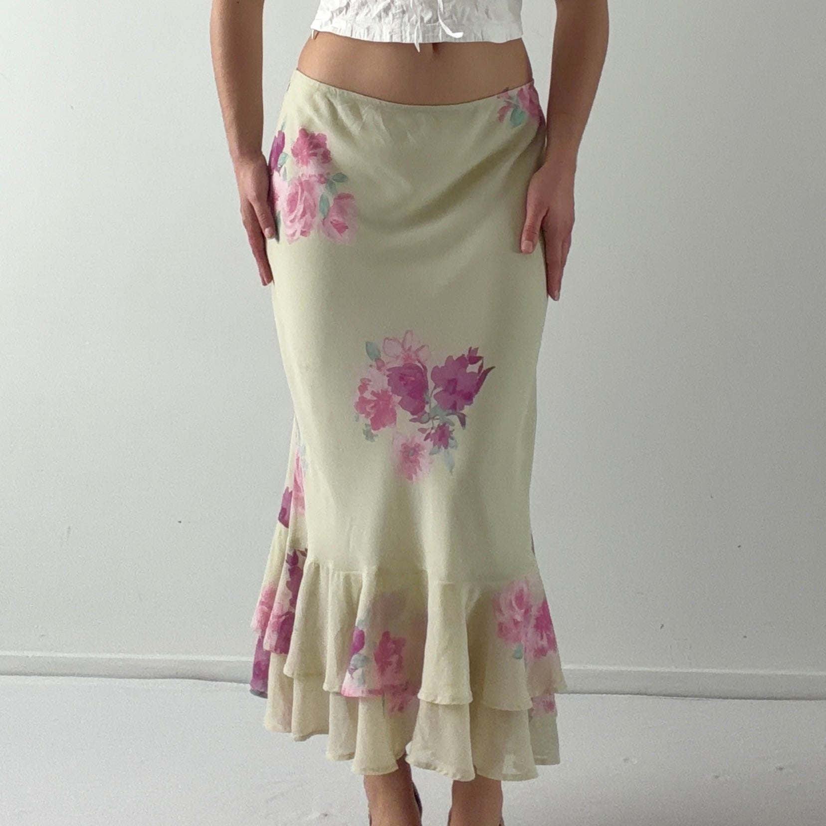 00s Floral Ruffle Midi Skirt | 10-12