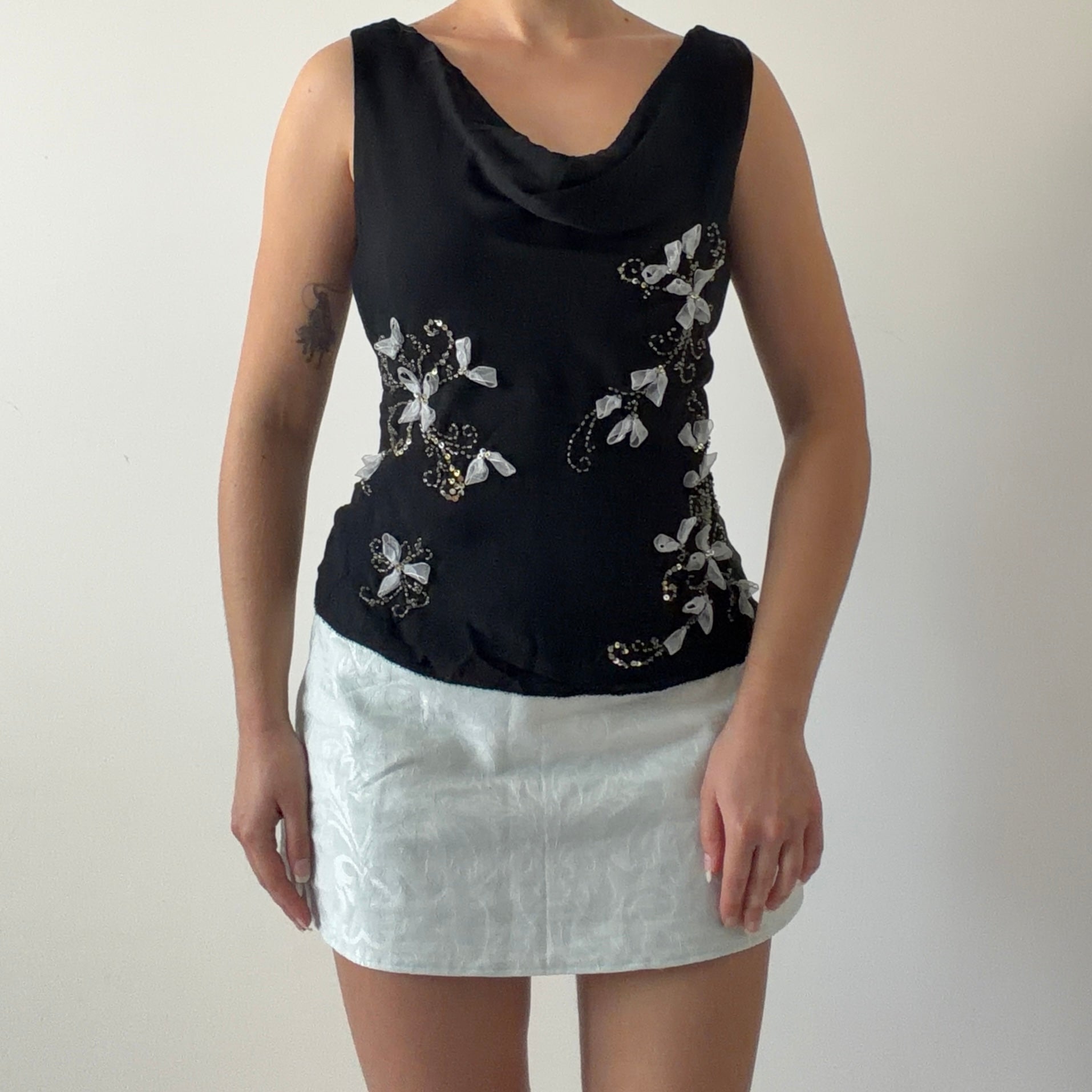 ECI Silk Beaded Cowl Top | M