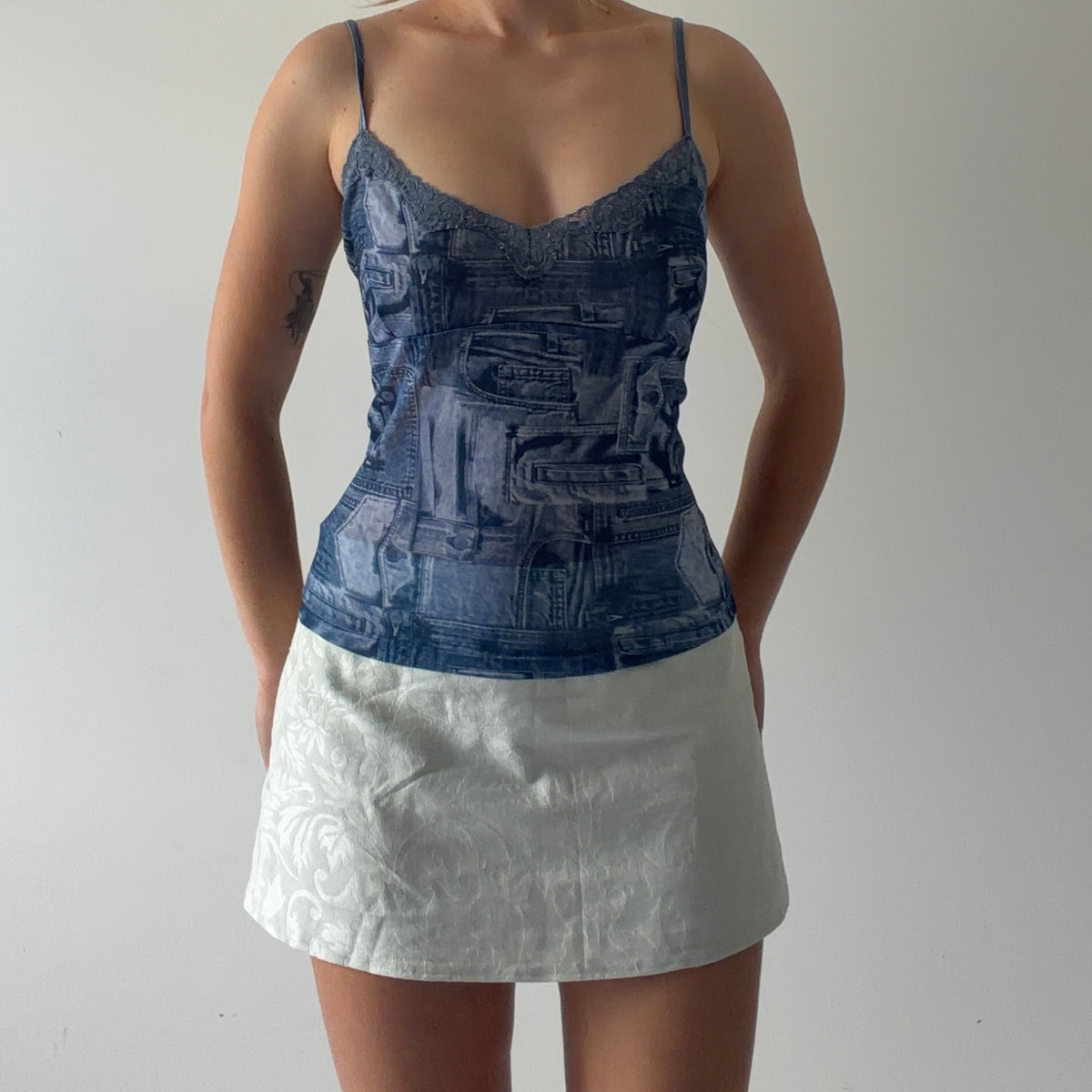 No Boundaries Denim Print Mesh Cami | L