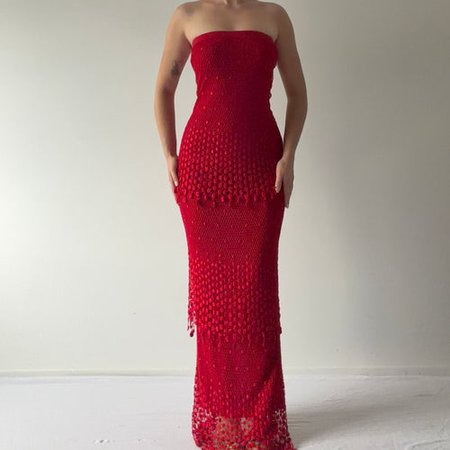 Crochet Lace Strapless Ruffle Dress | Made in USA | S