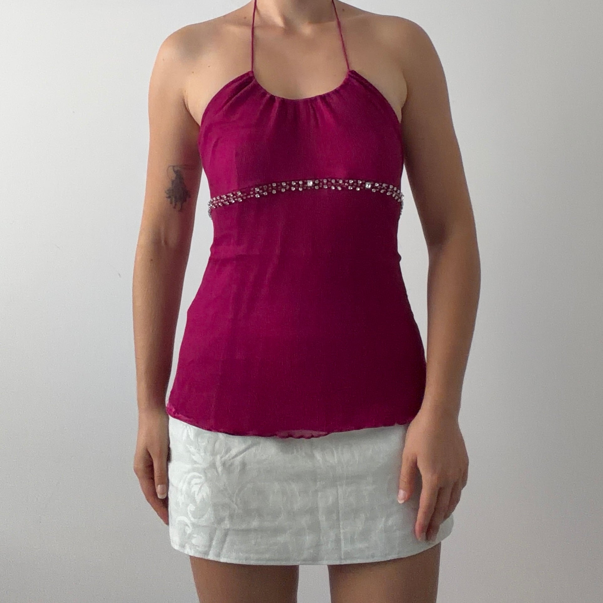 Express Beaded Silk Halter Top | M