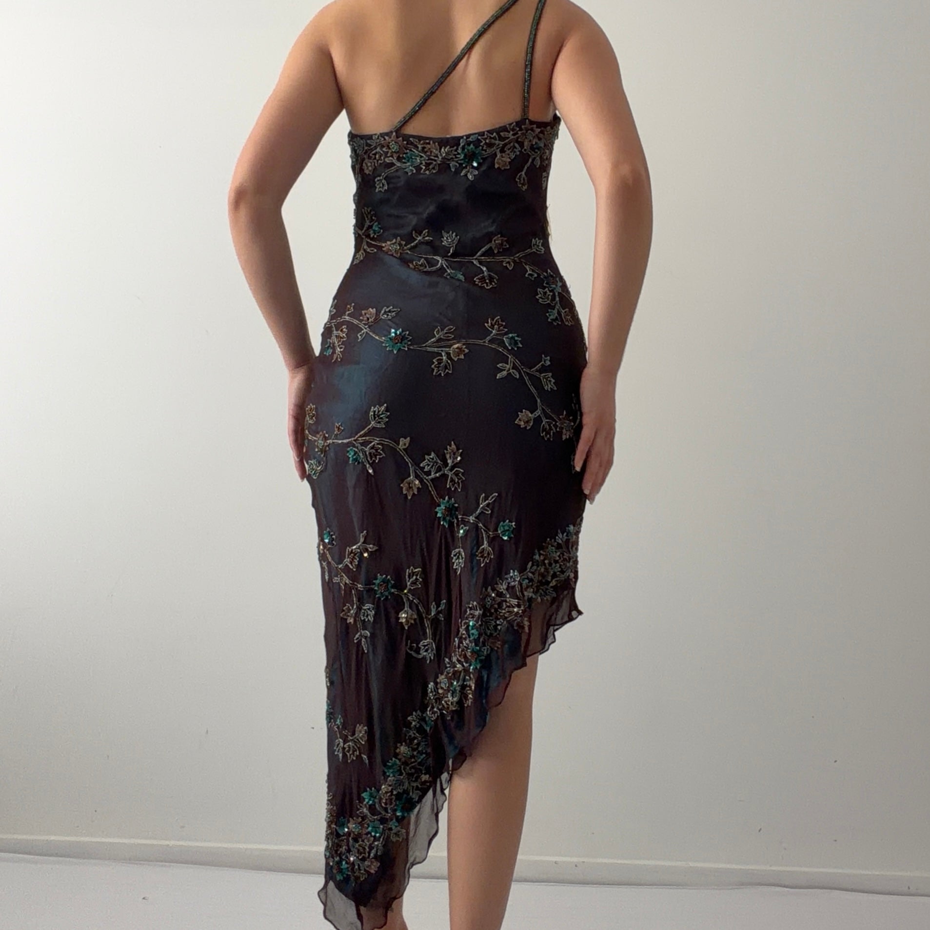 Rare Scala Silk Beaded Asymmetric Midi Dress | XS