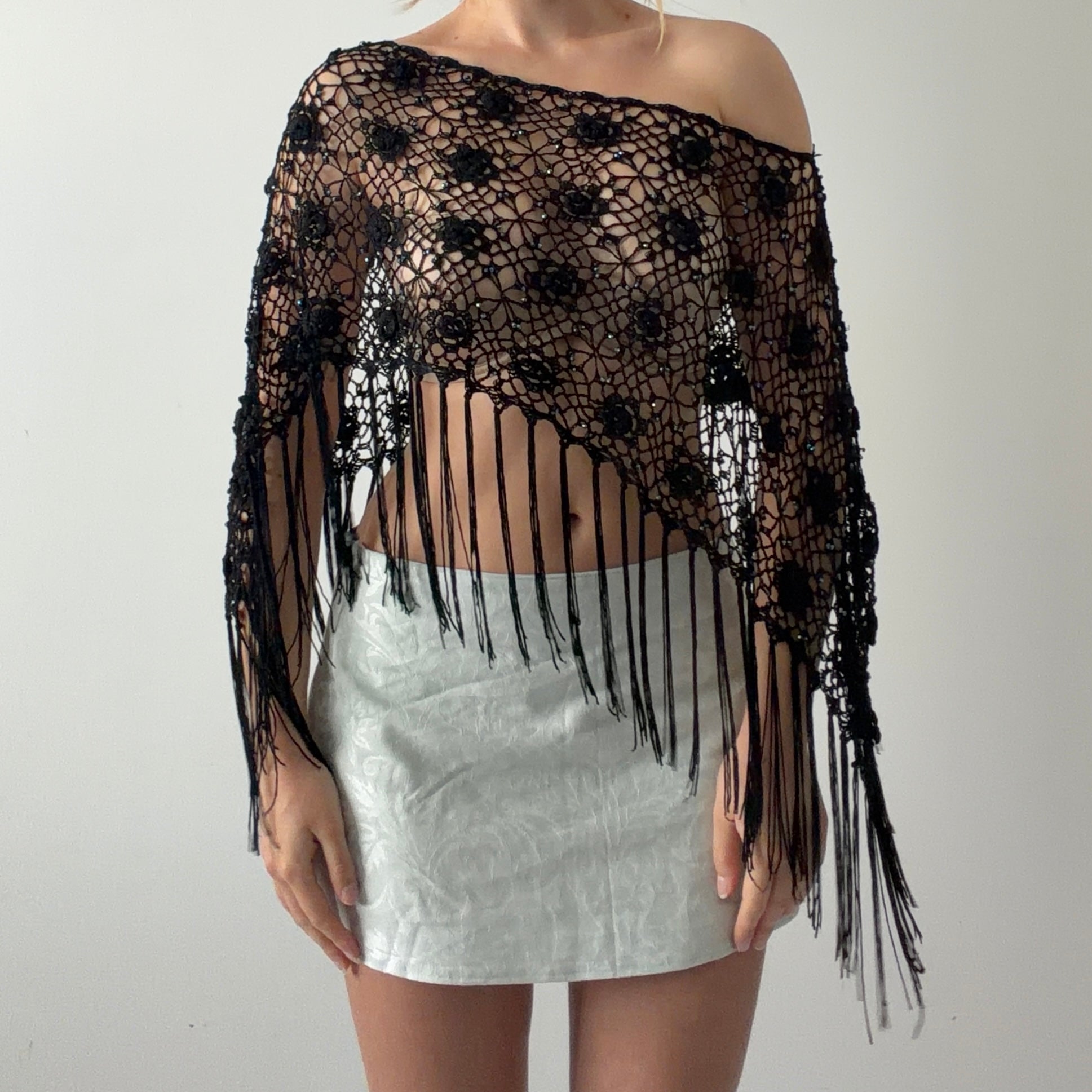 Beaded Crochet Poncho Top | OS