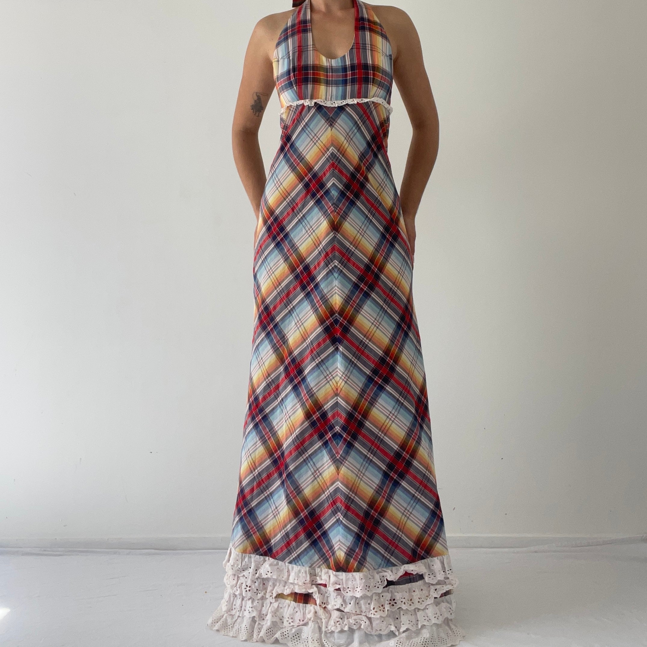 70s Plaid Ruffle Halter Dress | S