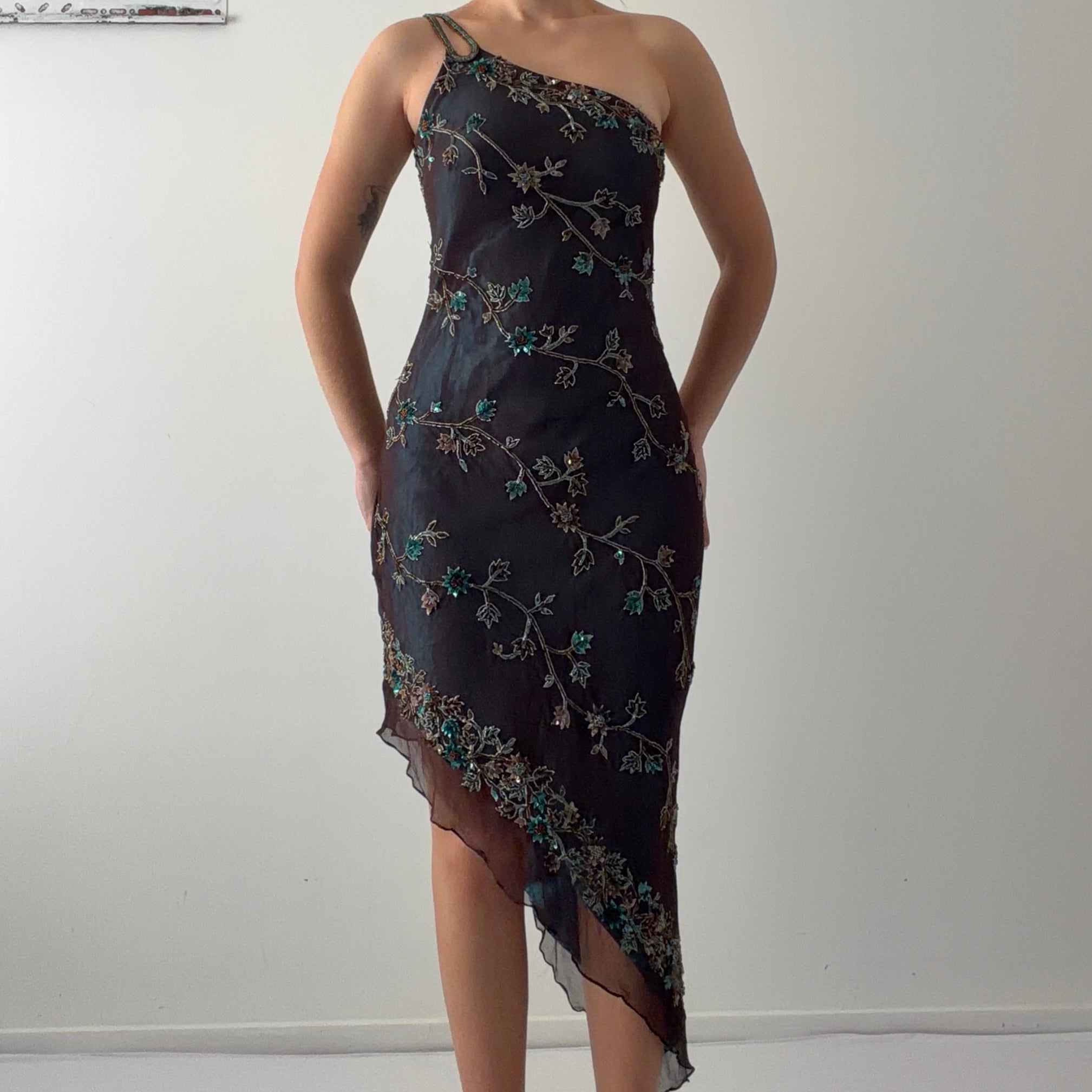 Rare Scala Silk Beaded Asymmetric Midi Dress | XS