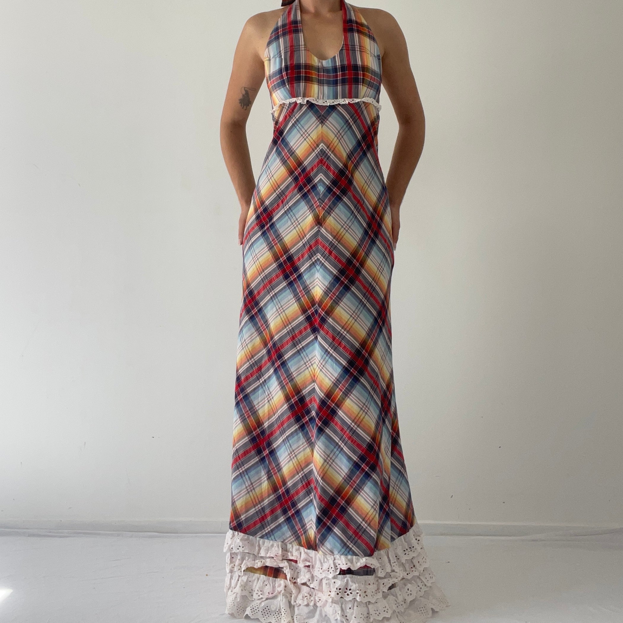 70s Plaid Ruffle Halter Dress | S