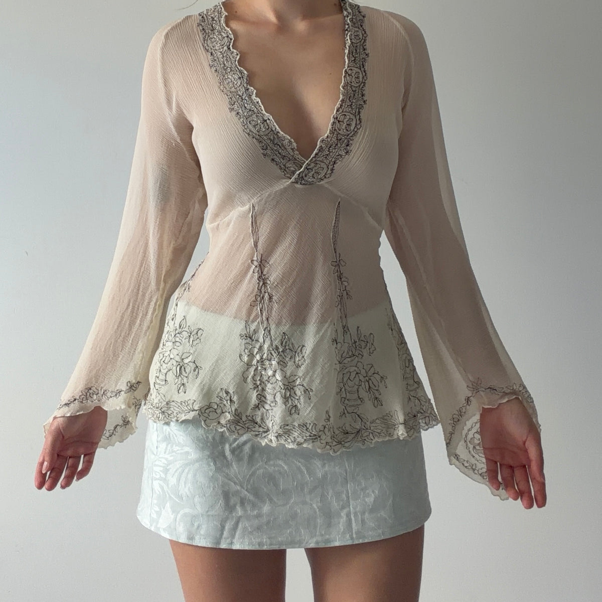Johnny Was Silk Bell Sleeve Embroidered Top | L