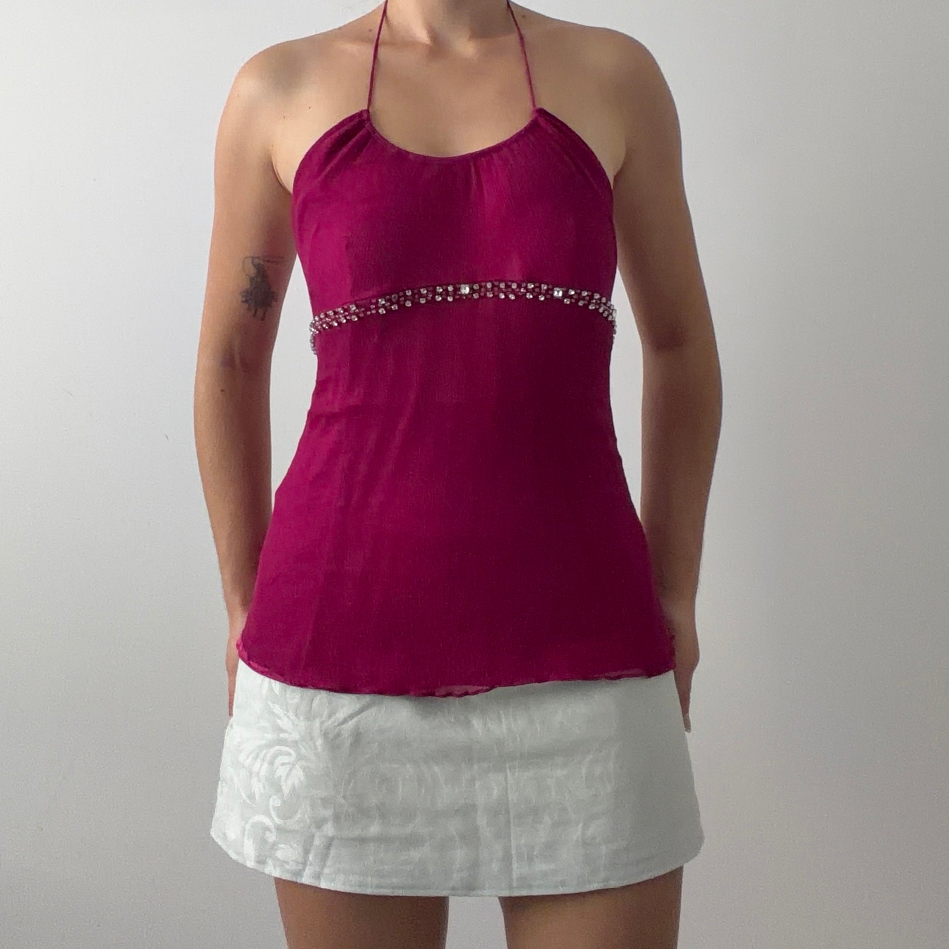 Express Beaded Silk Halter Top | M