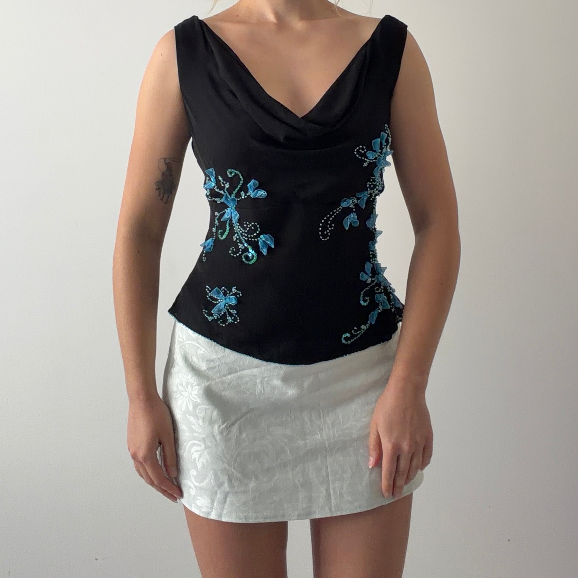 ECI Silk Beaded Cowl Top | L
