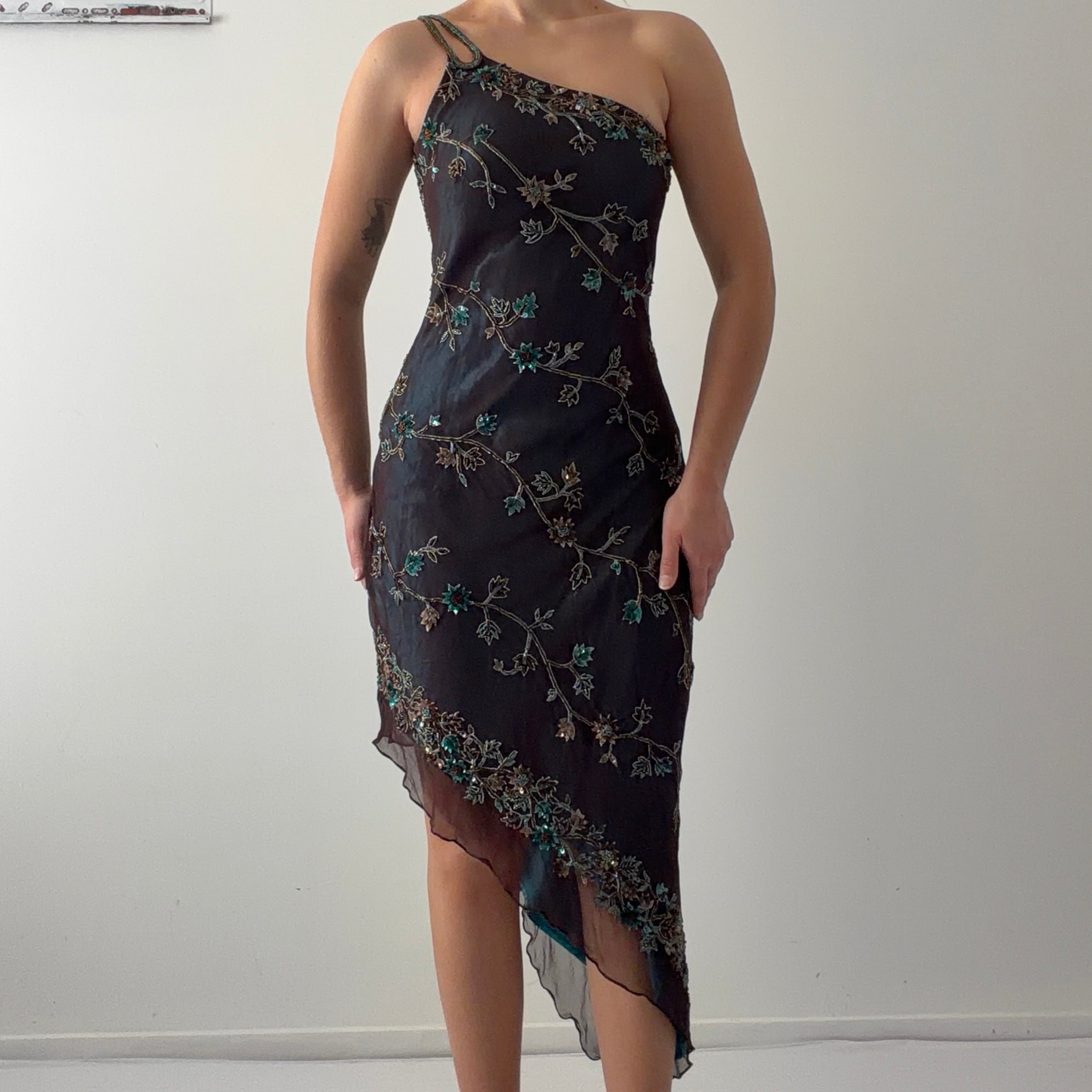 Rare Scala Silk Beaded Asymmetric Midi Dress | XS