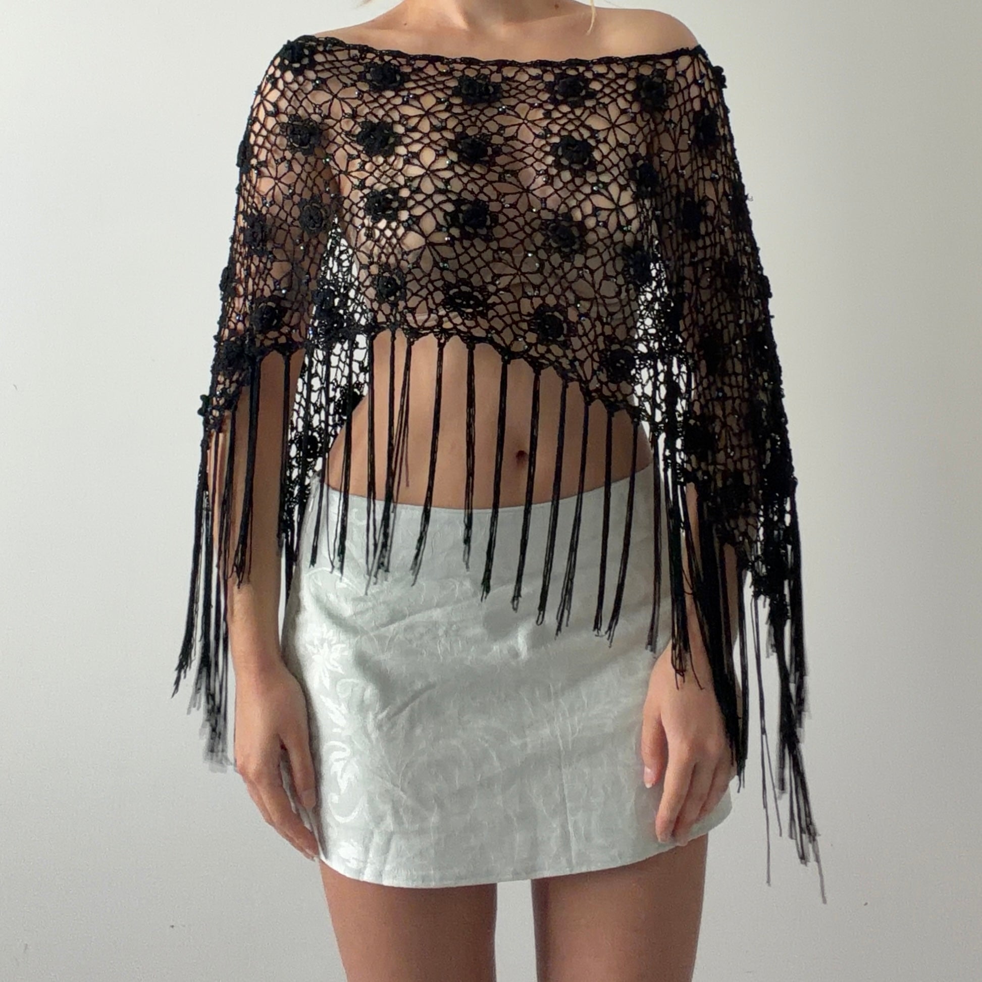 Beaded Crochet Poncho Top | OS