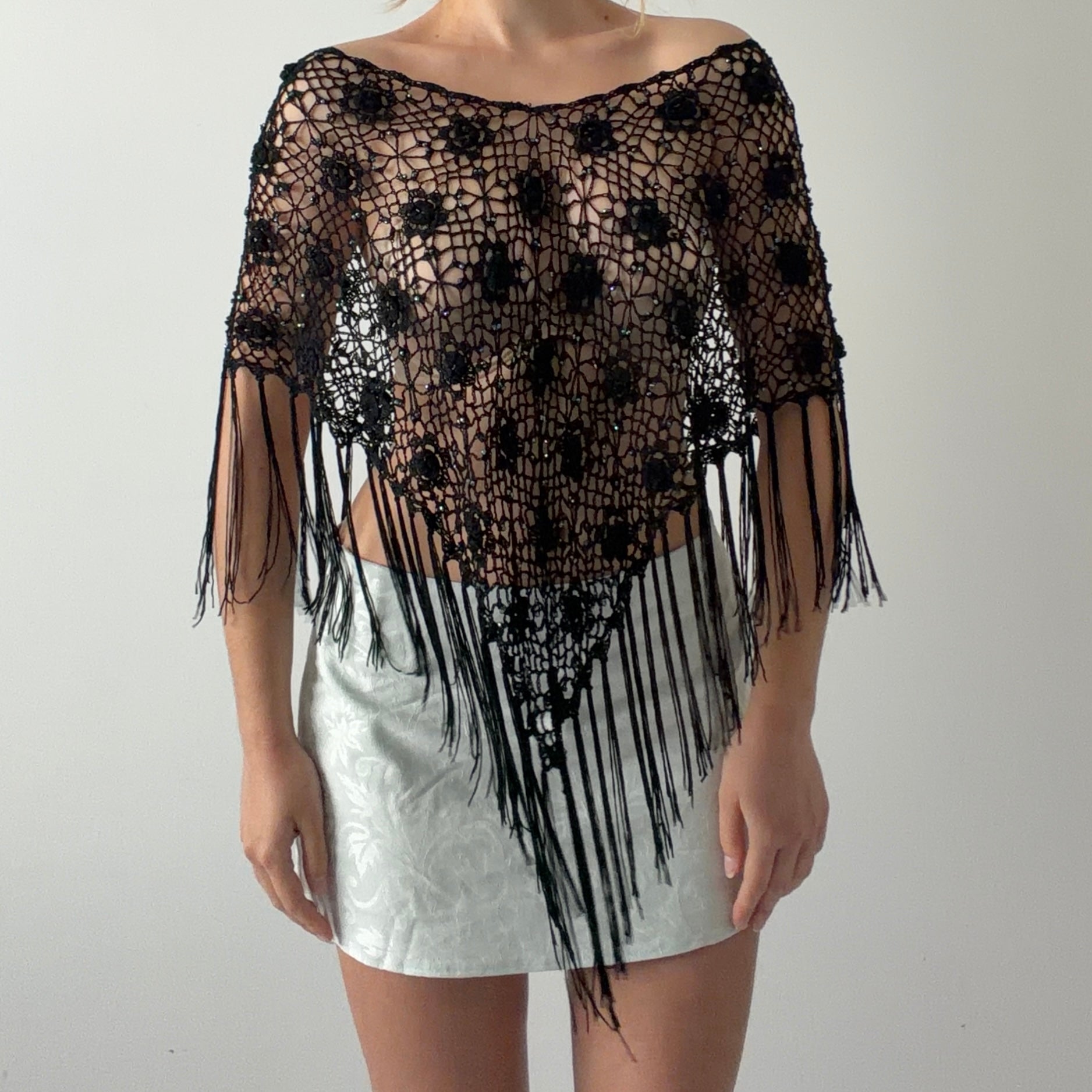 Beaded Crochet Poncho Top | OS