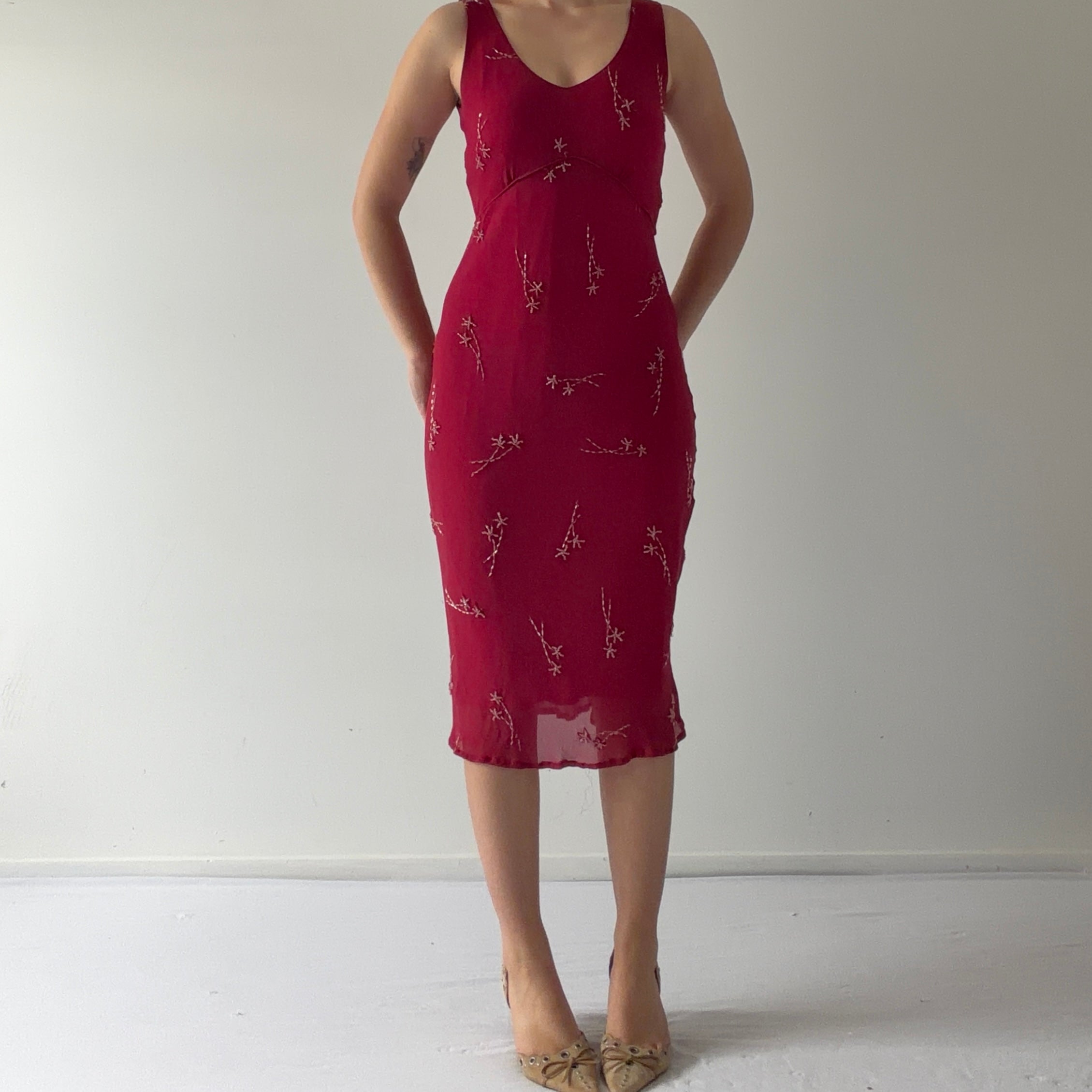 Jane Rhodes Silk Beaded Midi Dress | XS