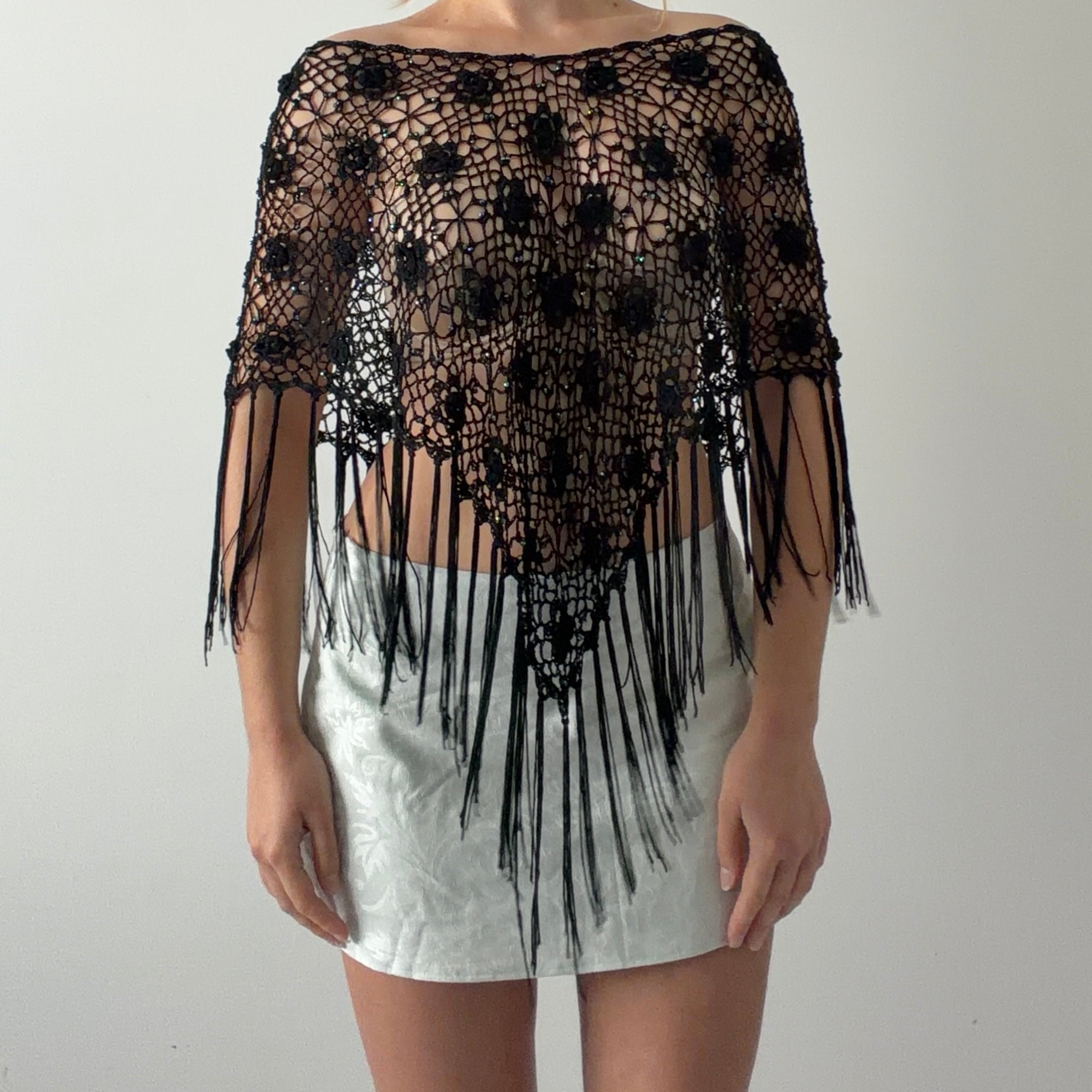 Beaded Crochet Poncho Top | OS