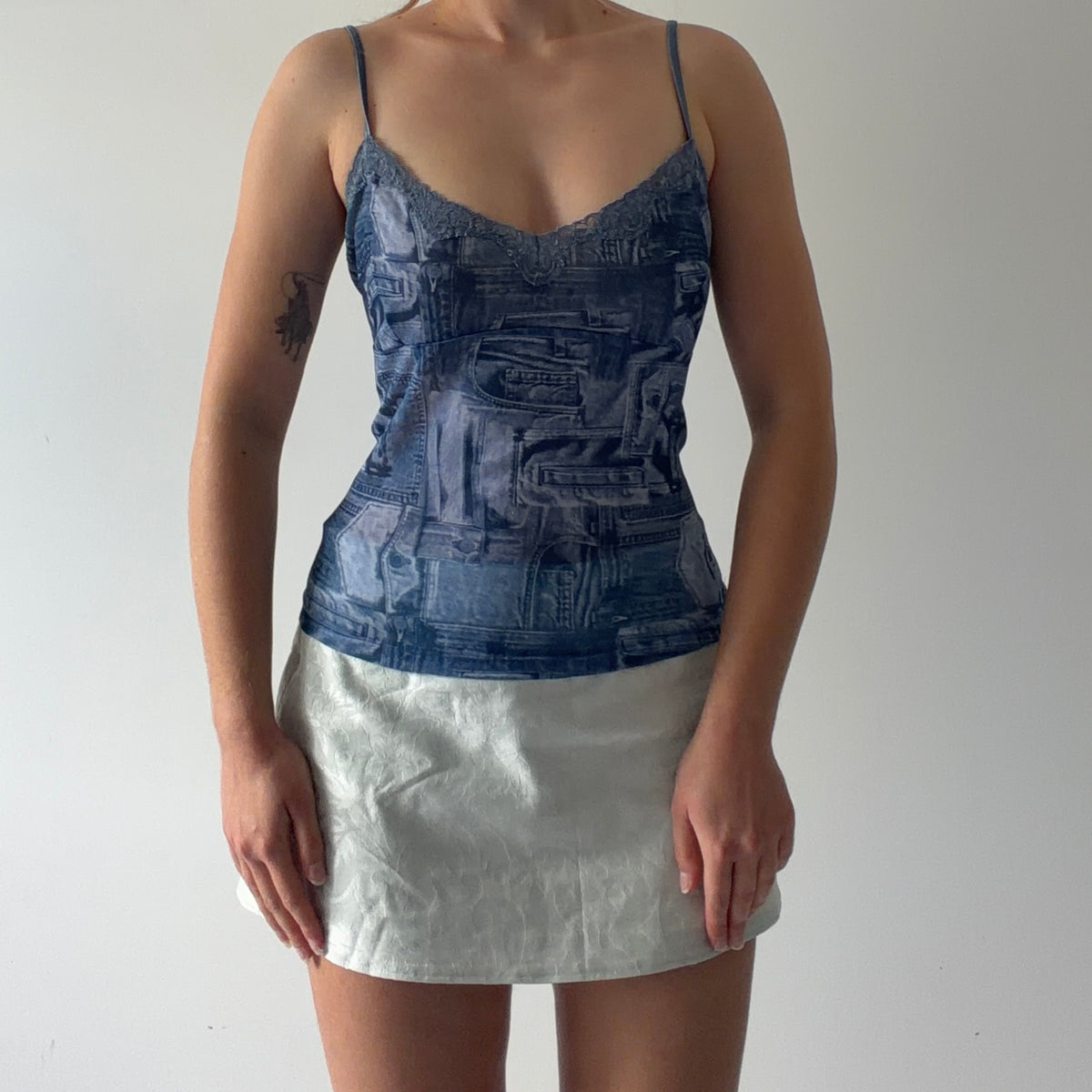 No Boundaries Denim Print Mesh Cami | L