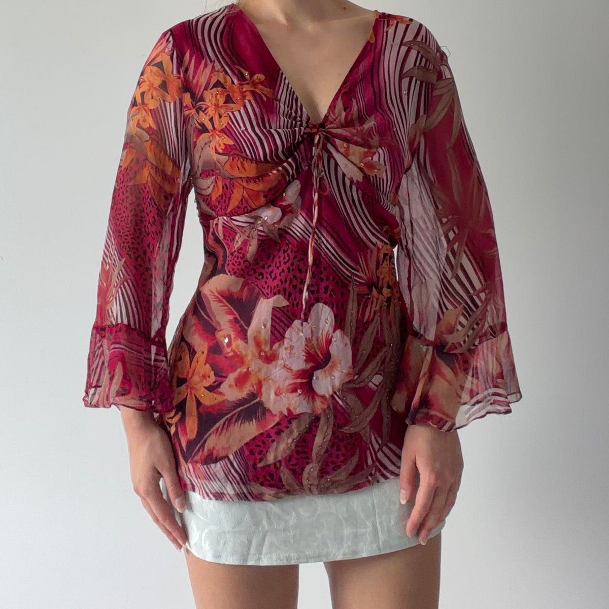 Silk Beaded Ruffle Top | XL