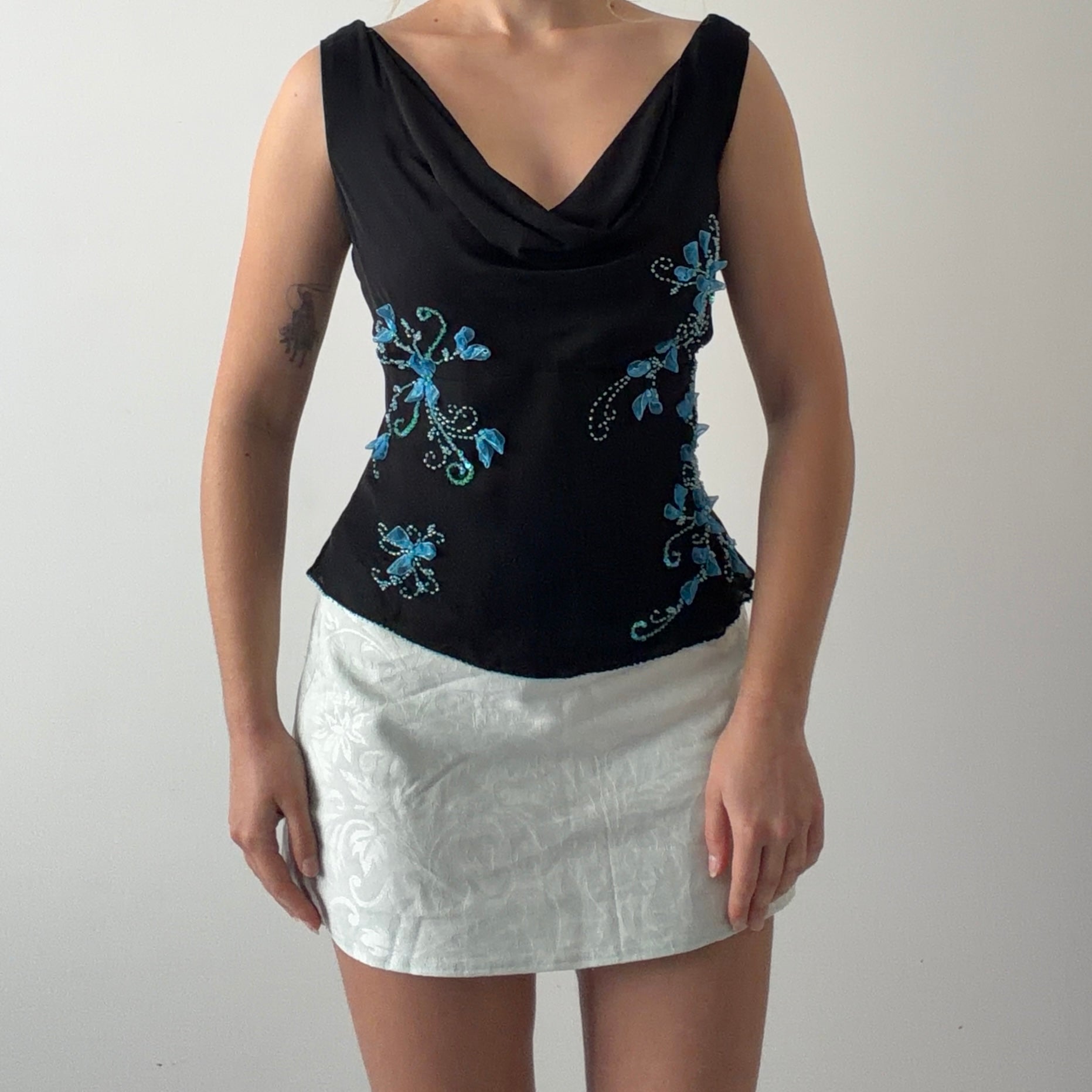 ECI Silk Beaded Cowl Top | L