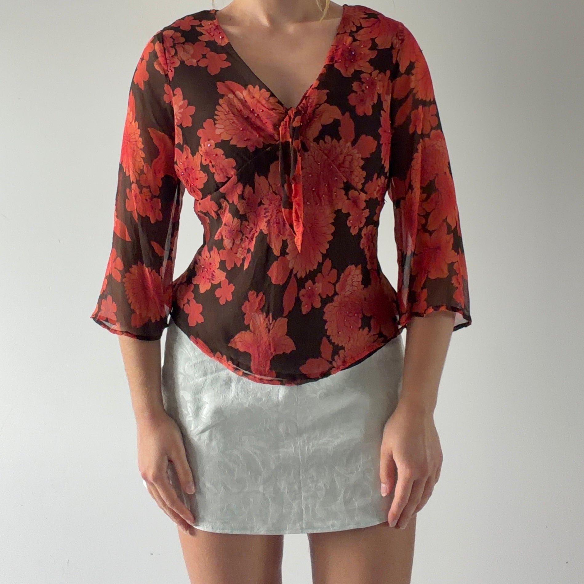 New York City Design Silk Beaded Top | M