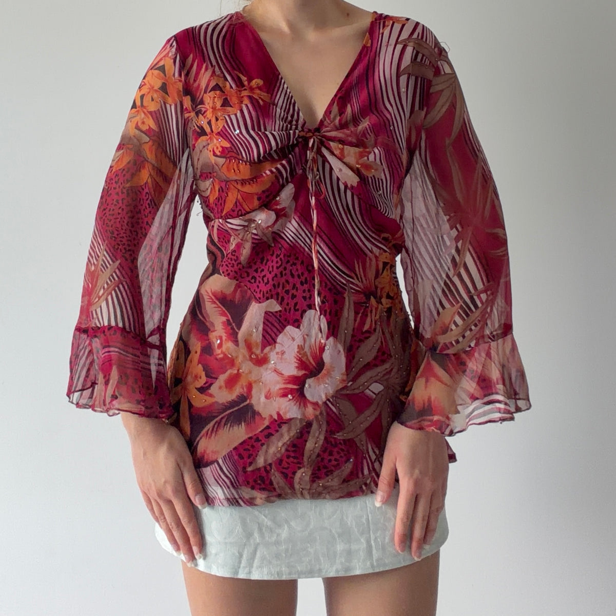 Silk Beaded Ruffle Top | XL
