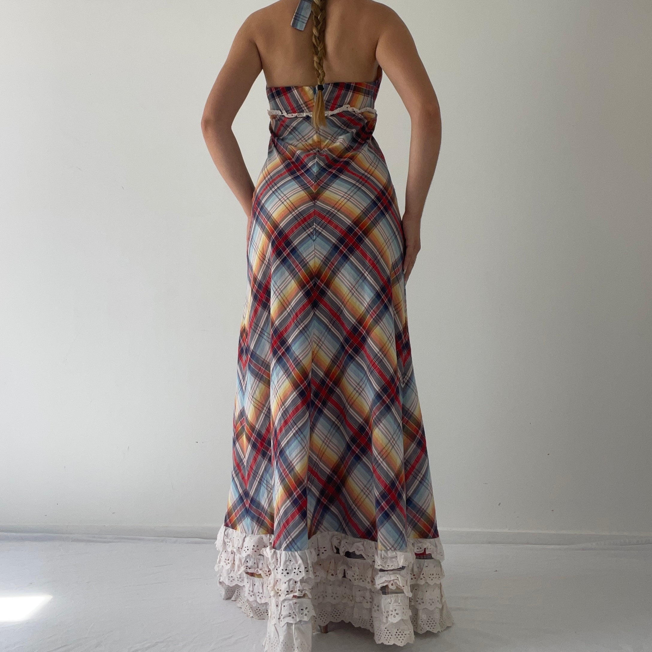 70s Plaid Ruffle Halter Dress | S